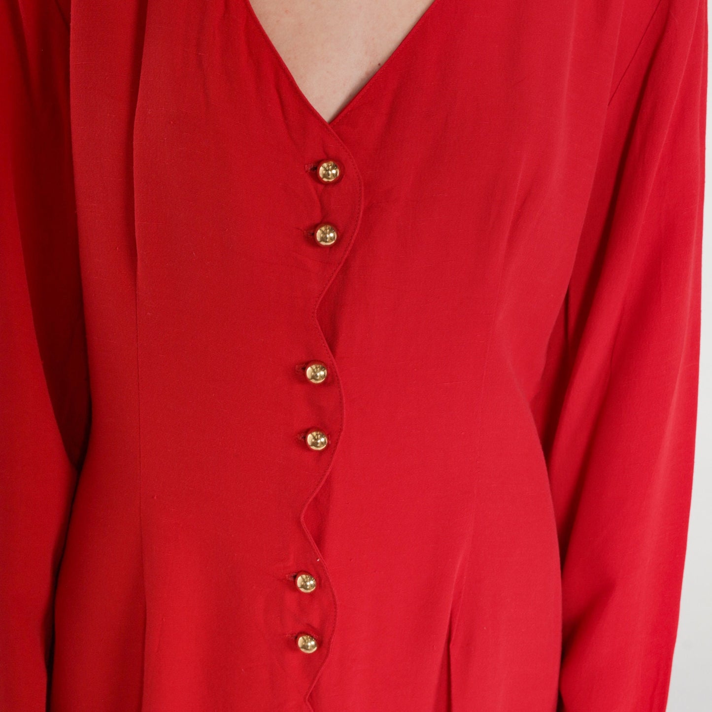 80s Red Button-Up Mini Dress Long Sleeve Sheath Pencil Cut Medium