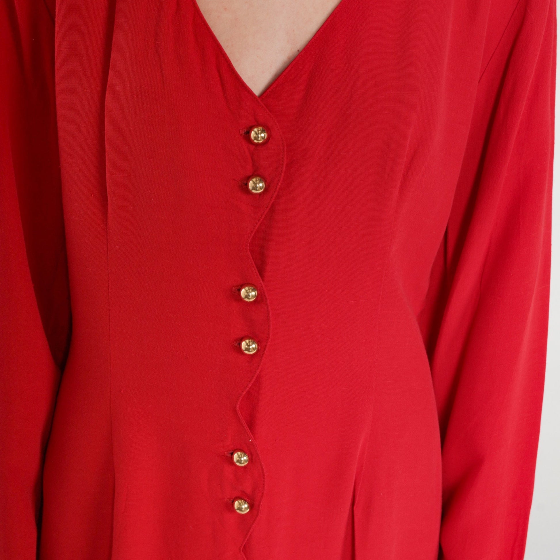 80s Red Button-Up Mini Dress Long Sleeve Sheath Pencil Cut Medium