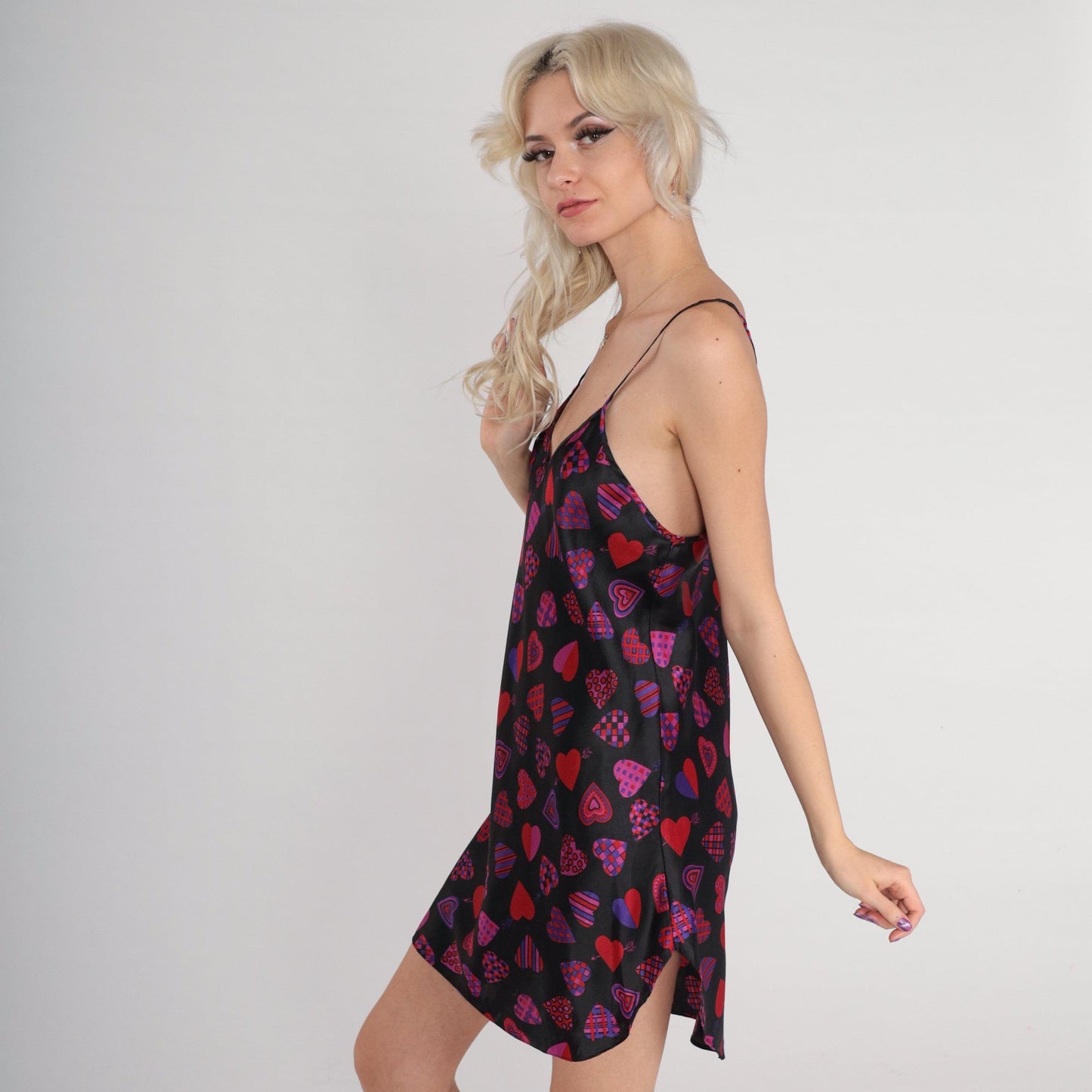 00s Heart Print Black Slip Dress Mini Spaghetti Strap Side Slit Small