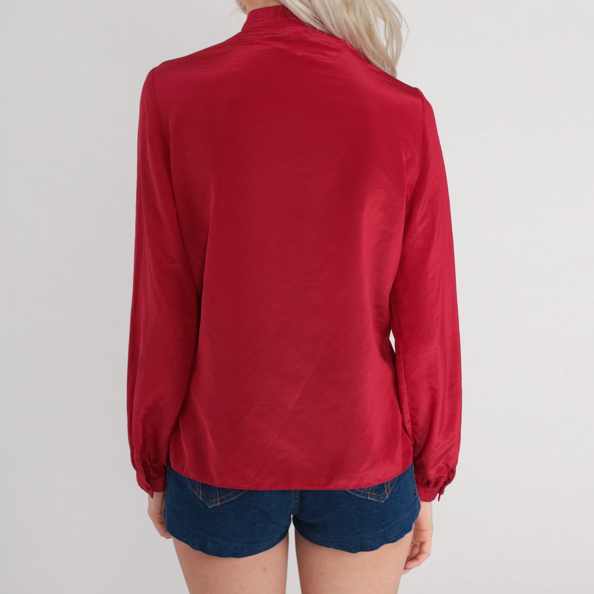 70s Red Ruffle Jabot Collar Blouse Long Sleeve Polyester Small