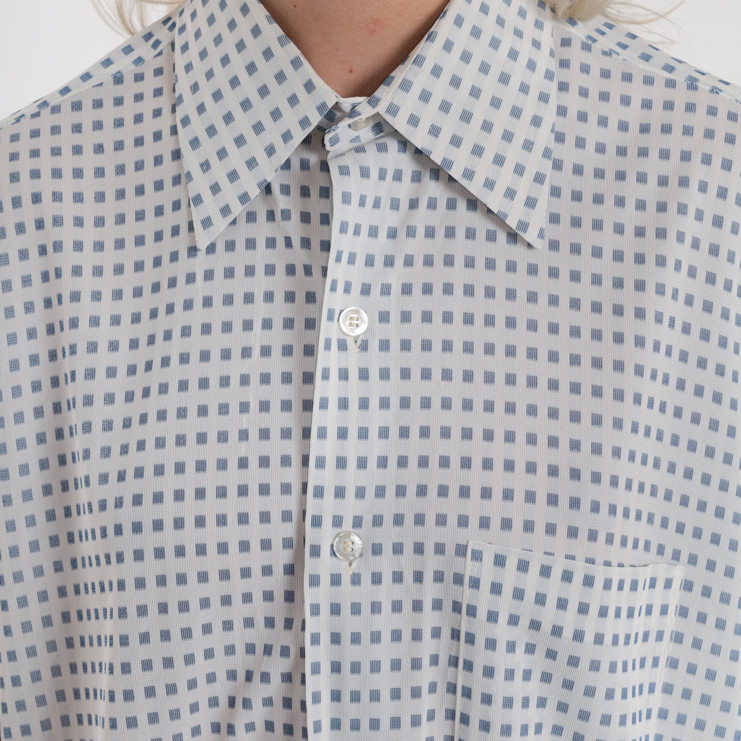 70s Arrow Button-Up Shirt White Blue Square Print Short Sleeve Pointed Collar Large