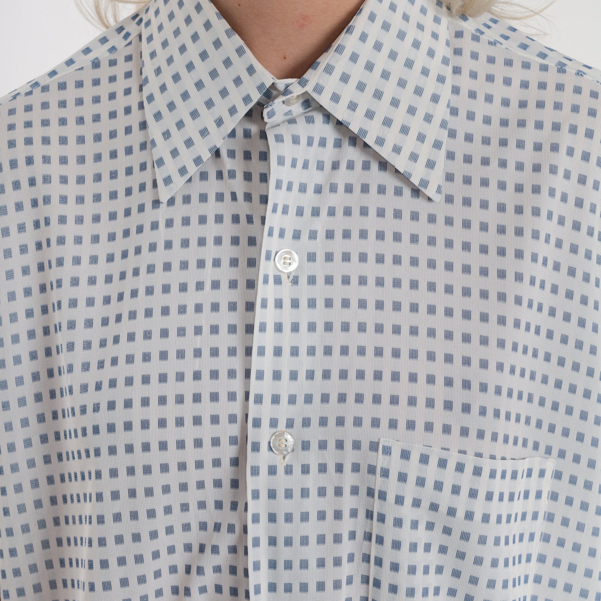 70s Arrow Button-Up Shirt White Blue Square Print Short Sleeve Pointed Collar Large