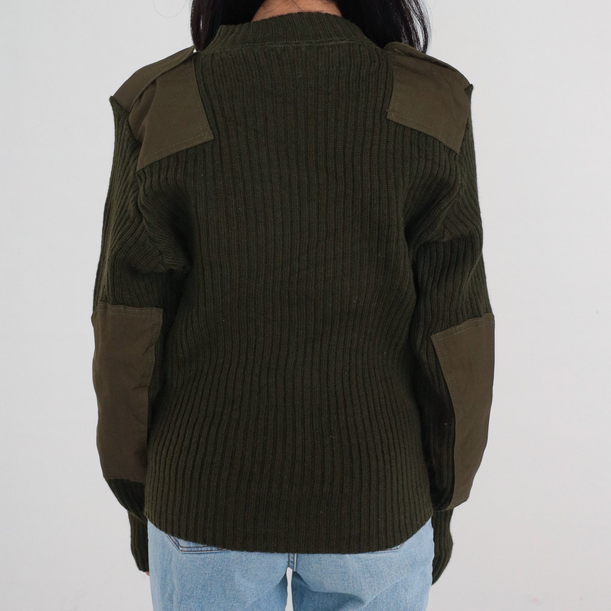 Wool Army Sweater Military Pullover Olive Drab Elbow Patch Small