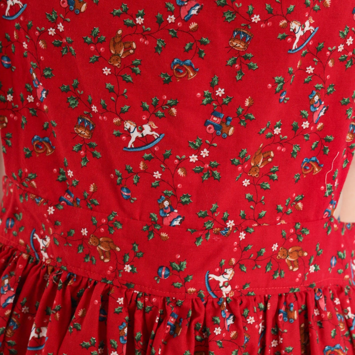 80s Red Eyelet Apron Dress Christmas Print Teddy Bears Trains Medium M