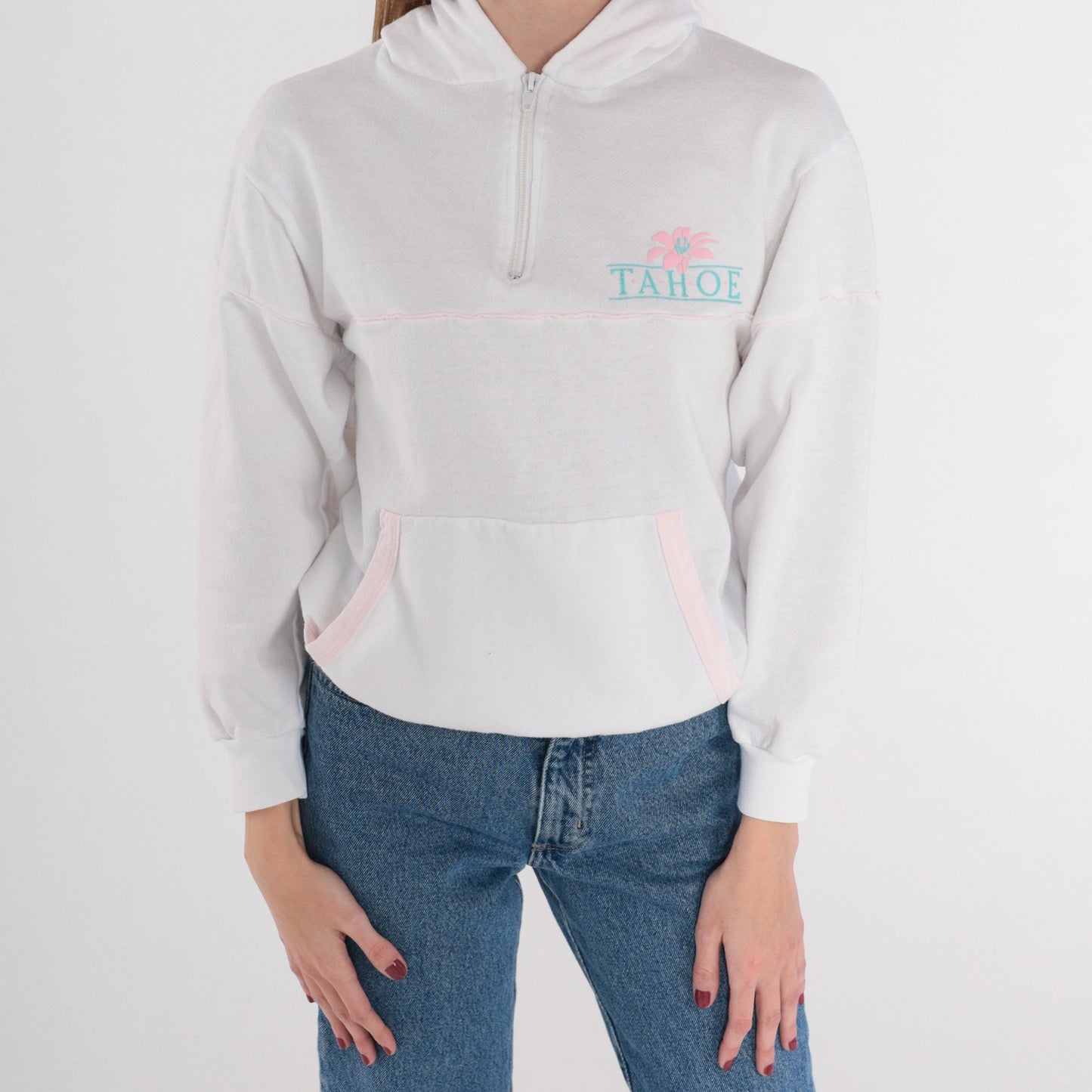 80s Lake Tahoe Quarter Zip Hoodie White Graphic Sweatshirt Kangaroo Pocket Small
