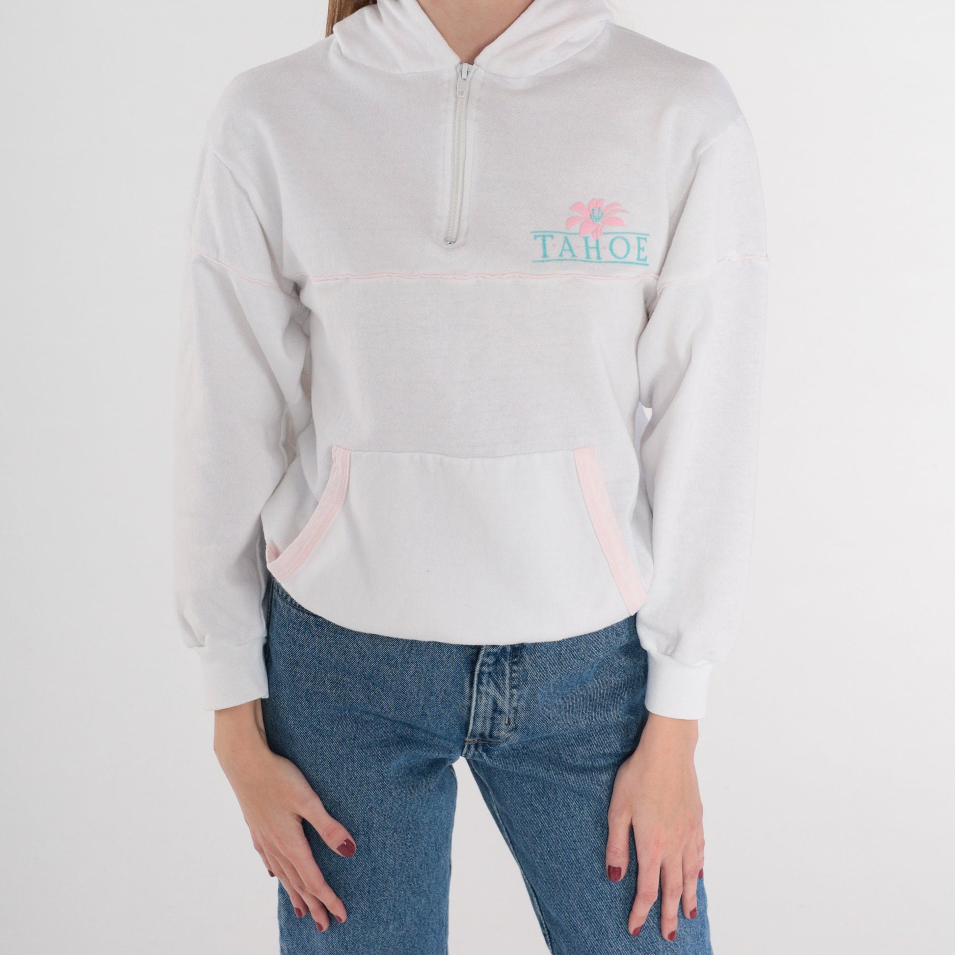 80s Lake Tahoe Quarter Zip Hoodie White Graphic Sweatshirt Kangaroo Pocket Small