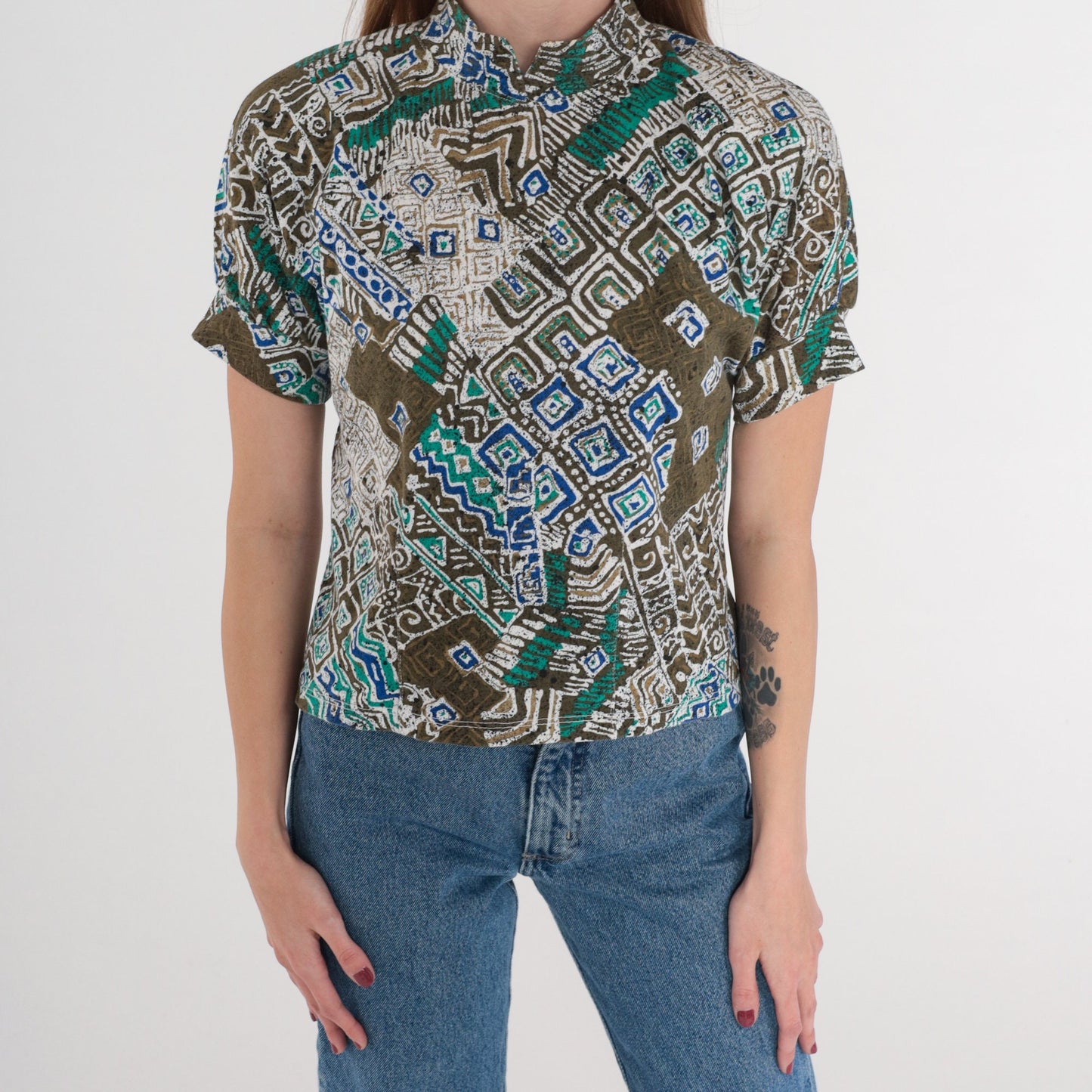 80s Batik Blouse Mandarin Collar Puff Sleeve Brown Olive Abstract Top XS