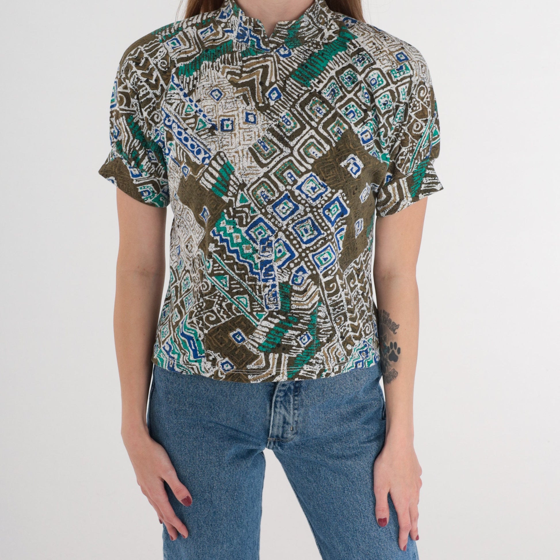 80s Batik Blouse Mandarin Collar Puff Sleeve Brown Olive Abstract Top XS