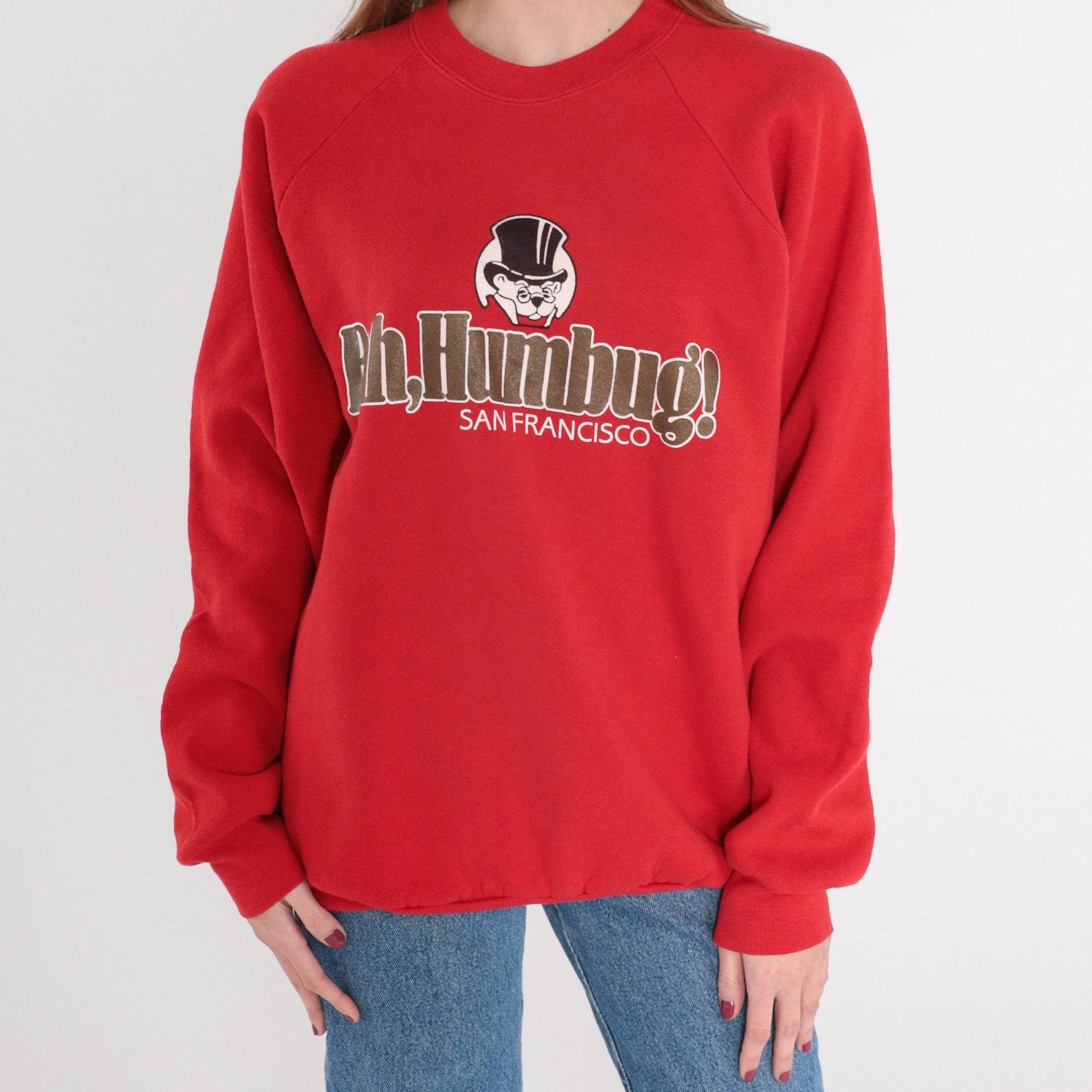90s San Francisco Bah Humbug Bear Sweatshirt Red Raglan Crewneck Large