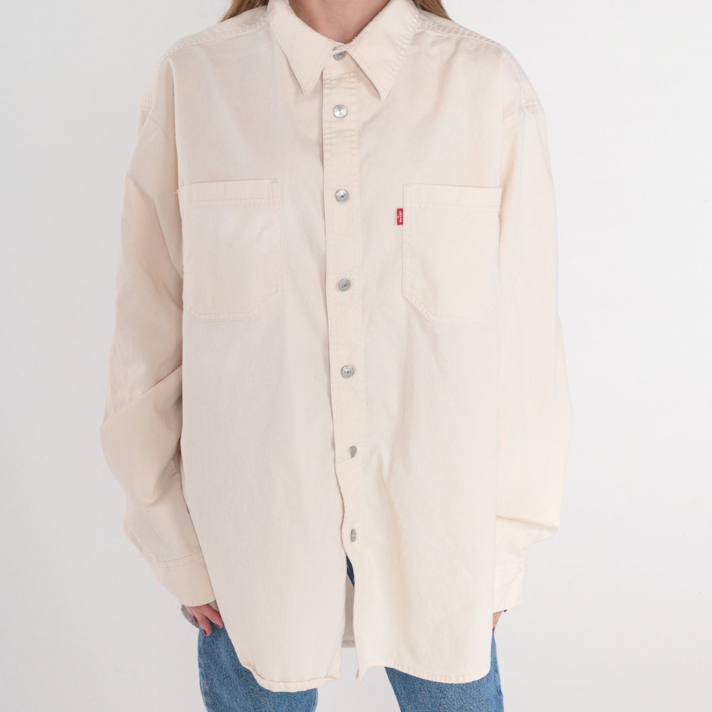 00s Levis Red Tag Denim Button Up Shirt Off-White Cotton Long Sleeve Large L