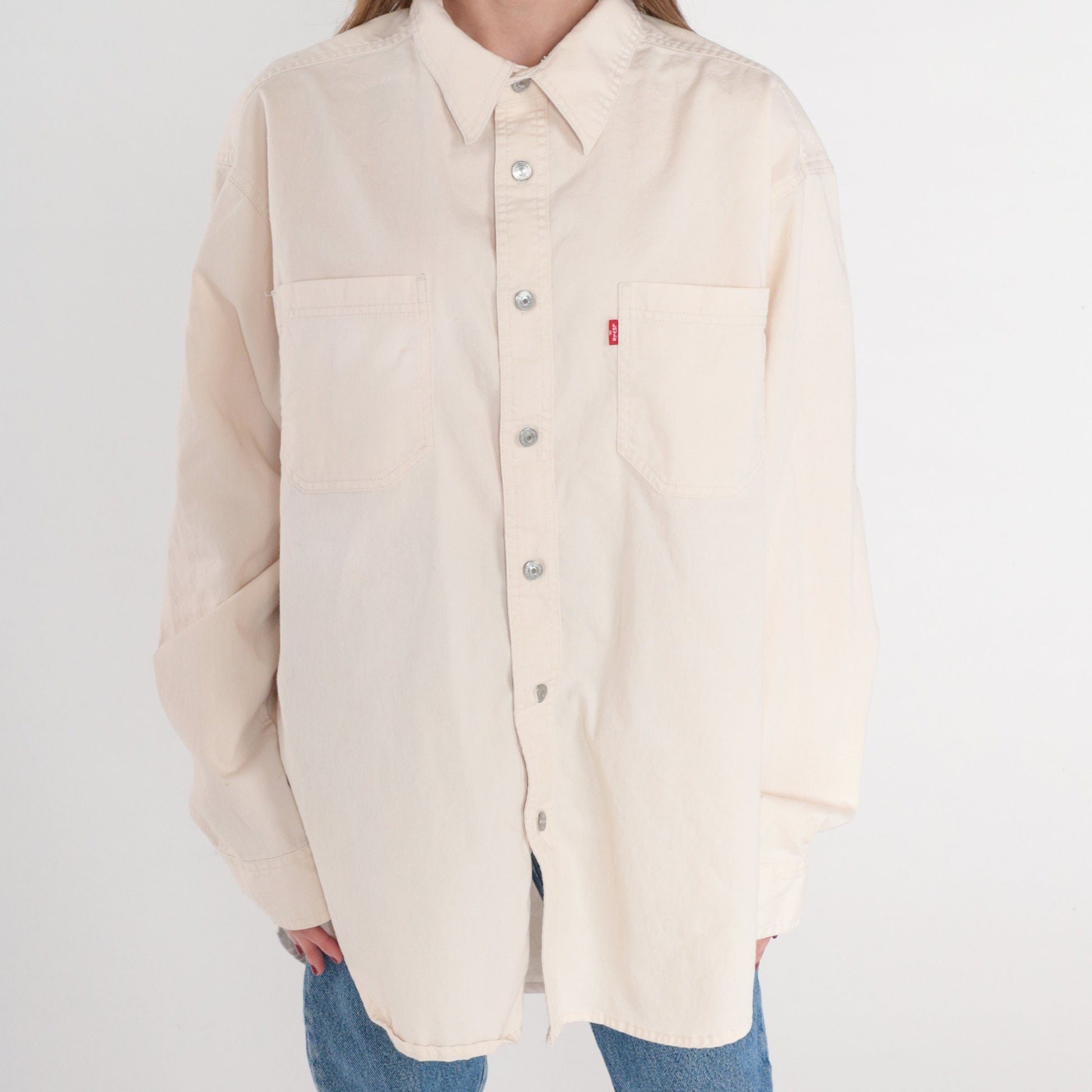 00s Levis Red Tag Denim Button Up Shirt Off-White Cotton Long Sleeve Large L