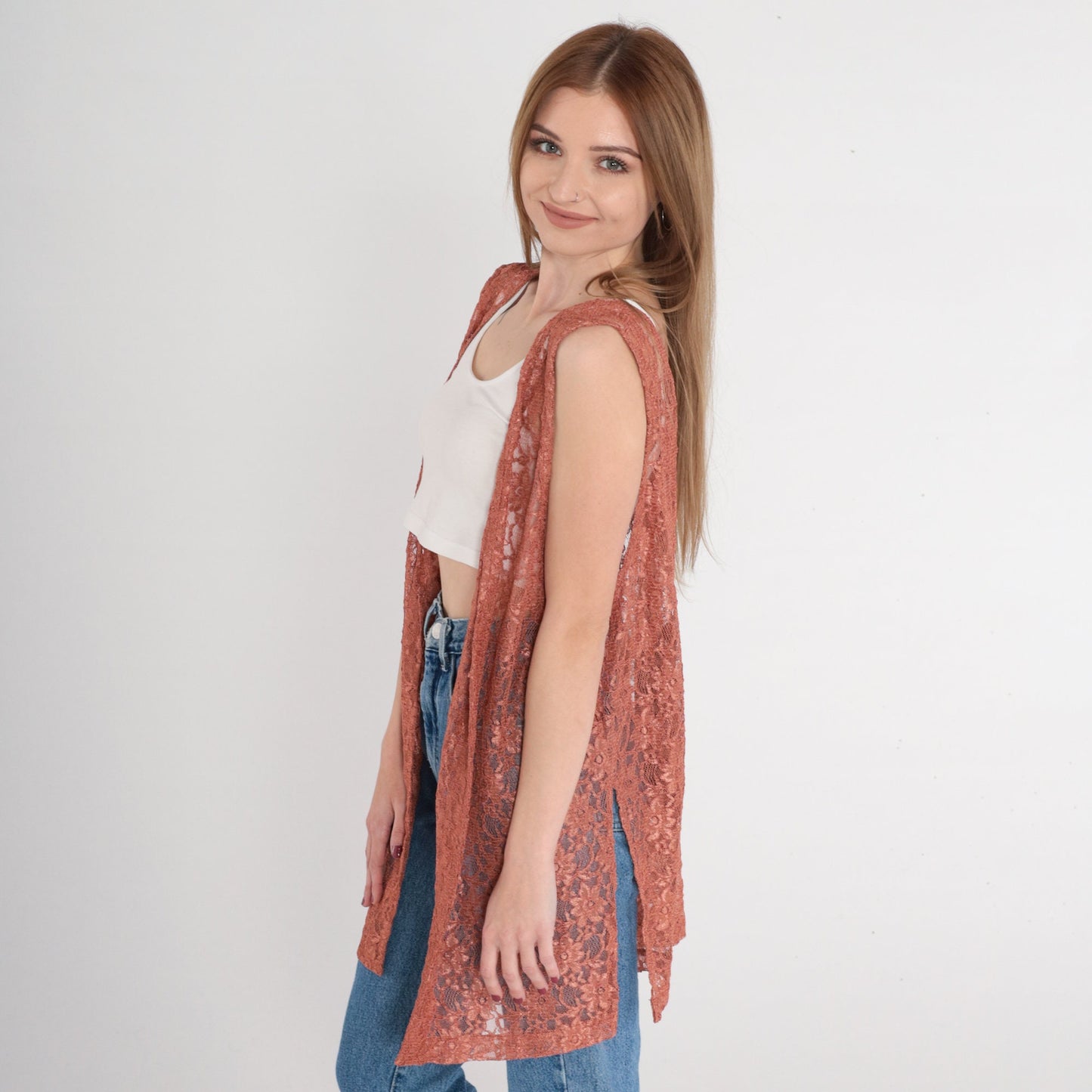 90s Floral Lace Vest Terracotta Sheer Open Front Longline Large L