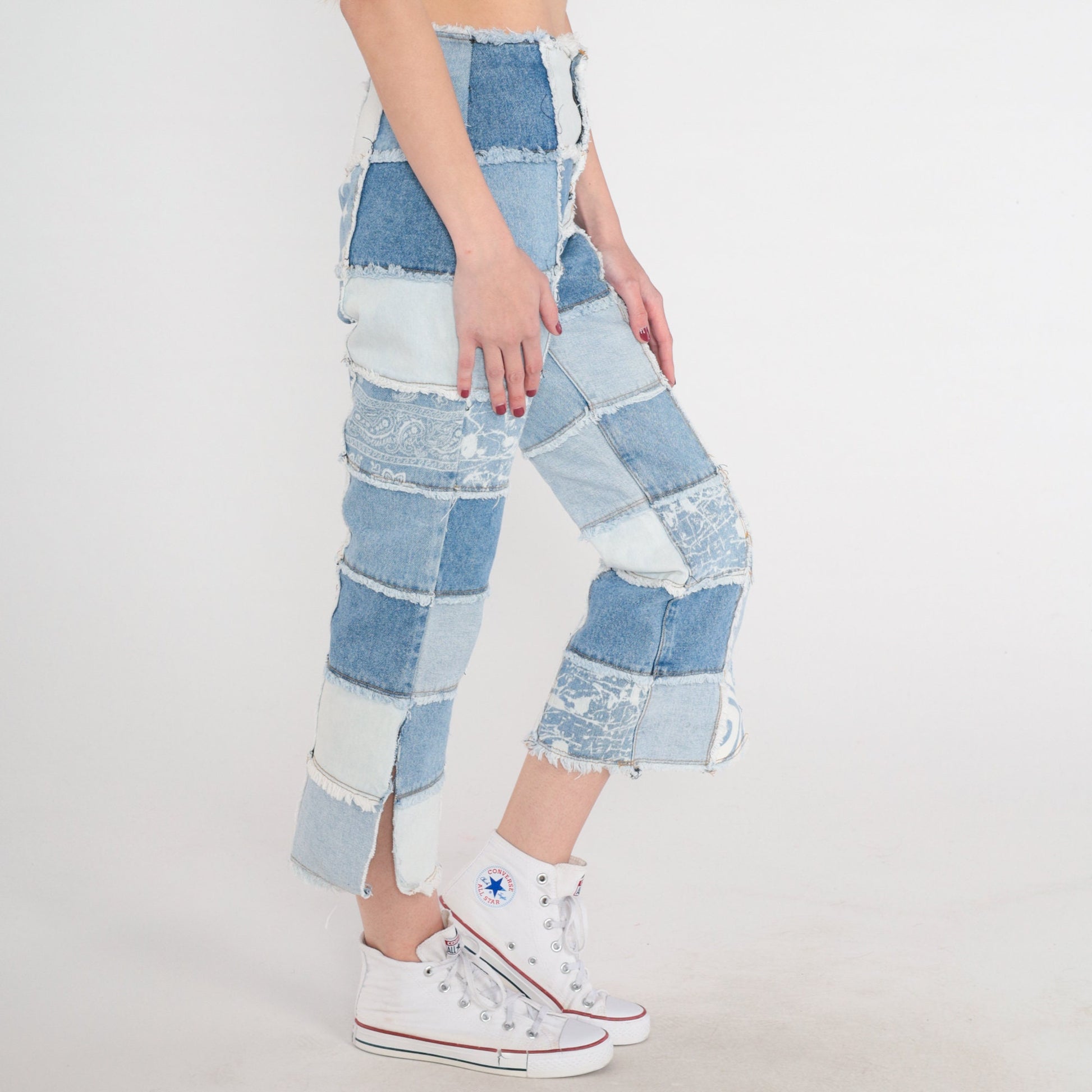 Y2K Patchwork Cropped Jeans Blue Floral Star Print Side Slits 2XS