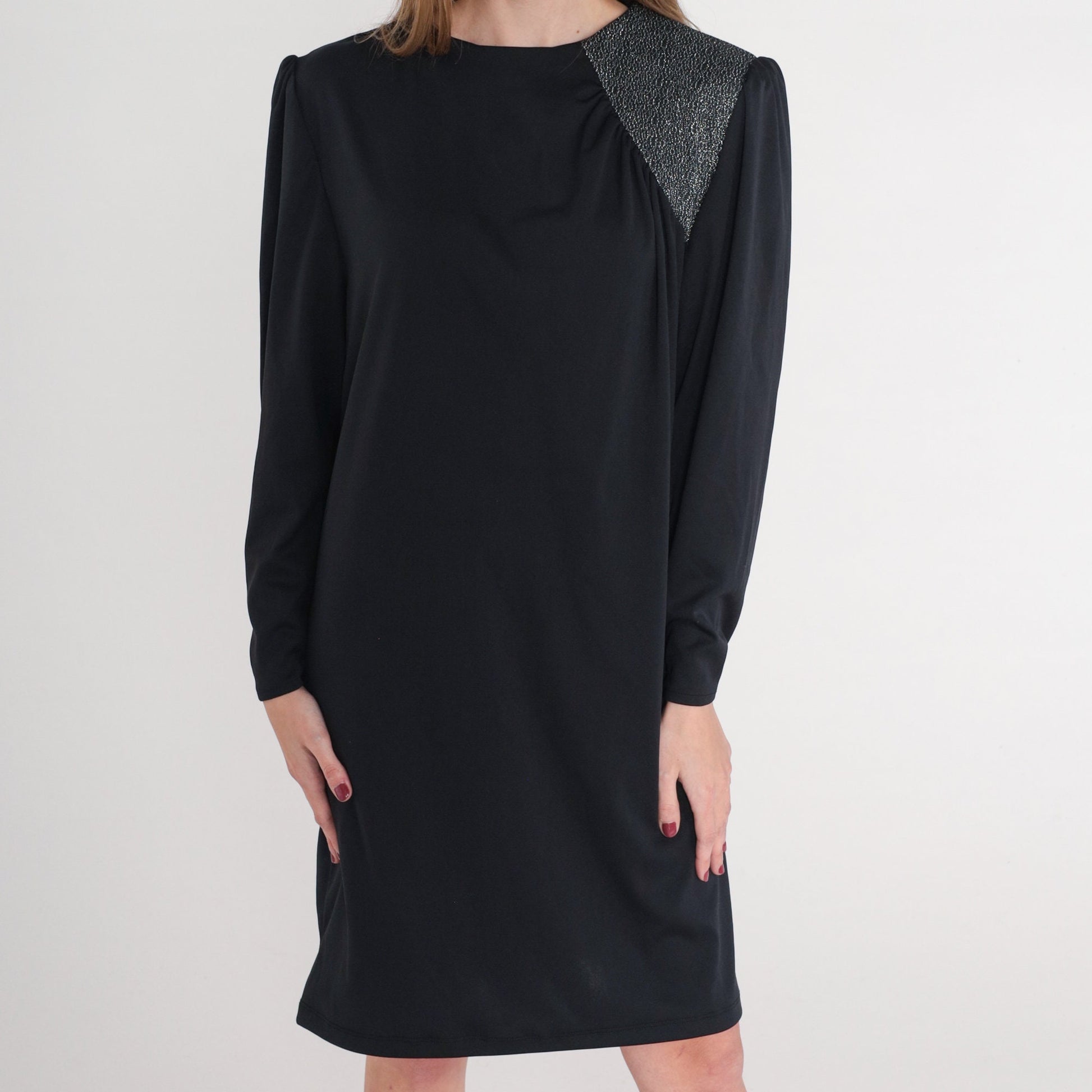 70s Black Mini Dress Metallic Shoulder Puff Sleeve Shift Large