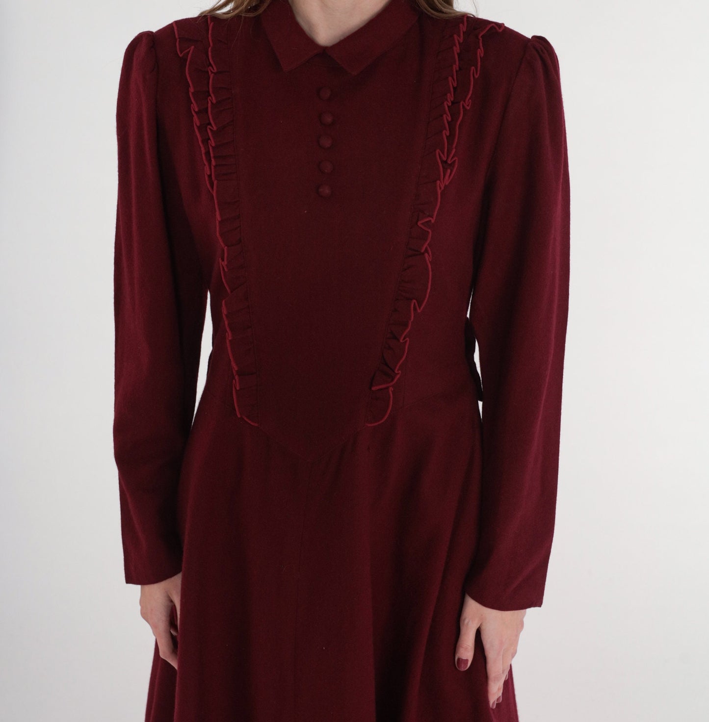 80s Dark Red Wool Midi Dress Puff Sleeve Basque Waist Collared Medium M