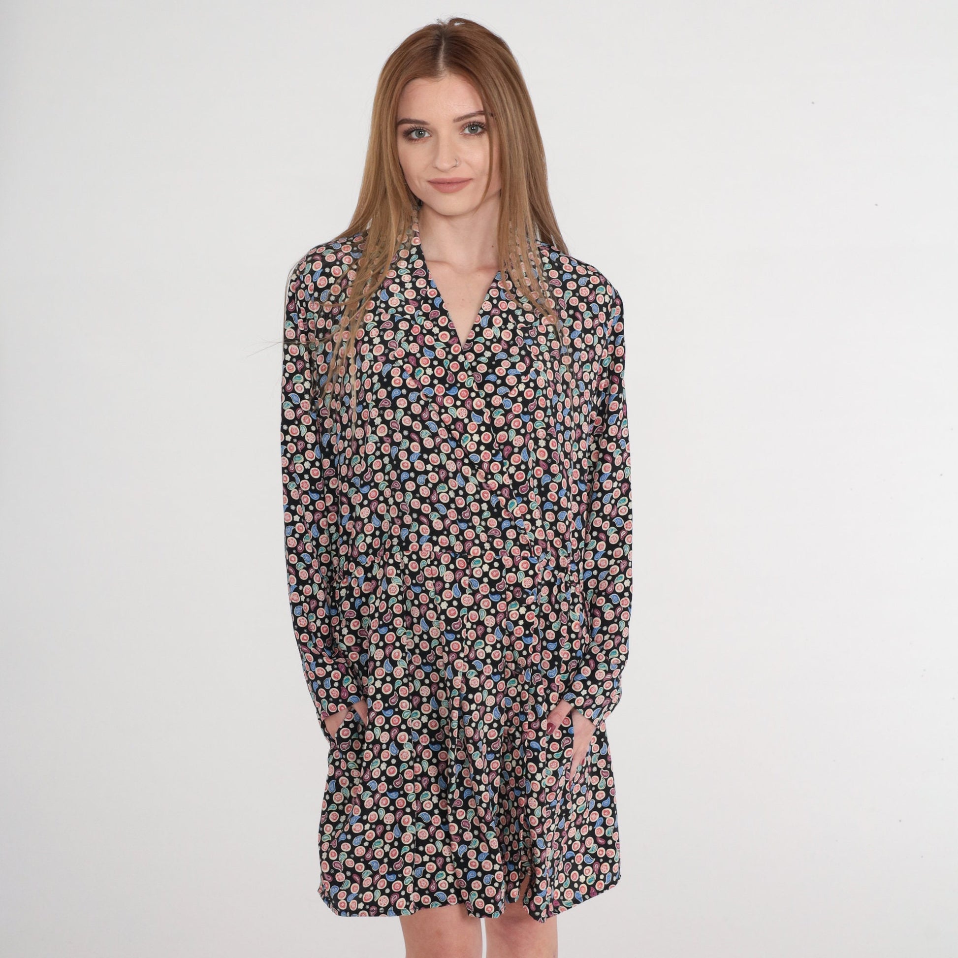 90s Leslie Fay Faux Wrap Mini Dress Paisley Floral V Neck Long Sleeve Black Medium