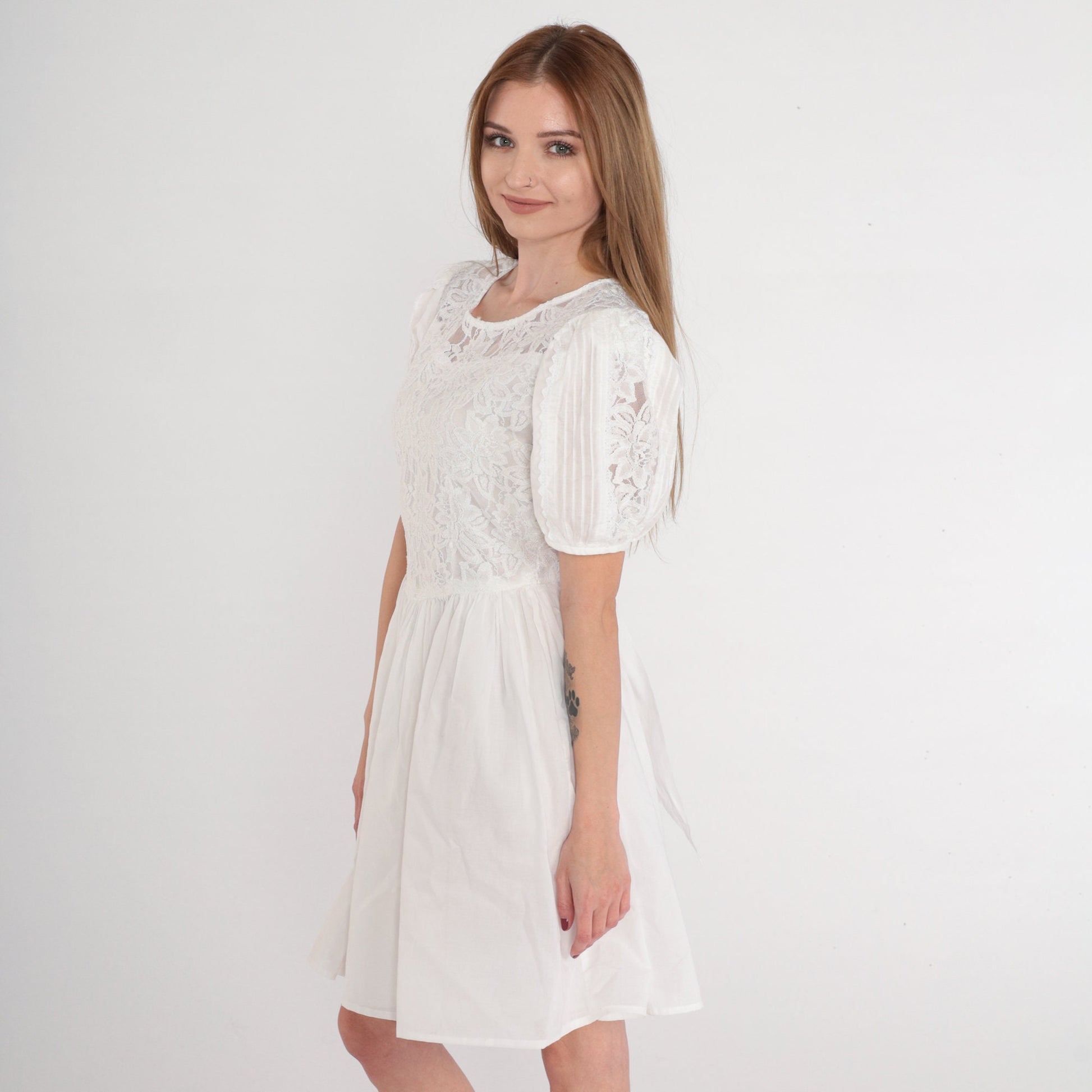 Y2K White Lace Mini Dress Puff Sleeve High Waist Bow Back Small