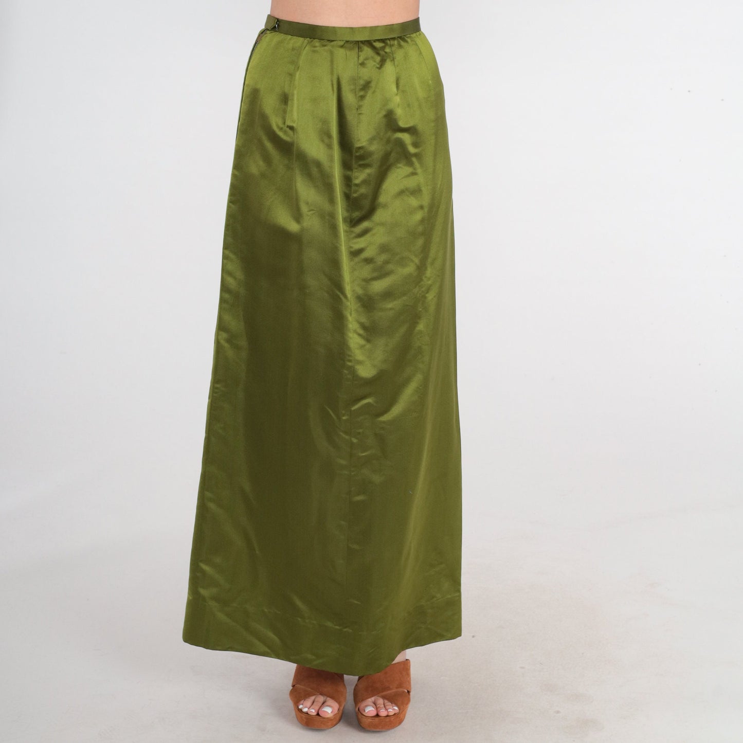 60s High-Waisted Maxi Skirt Shiny Green Pea Acetate Blend XS
