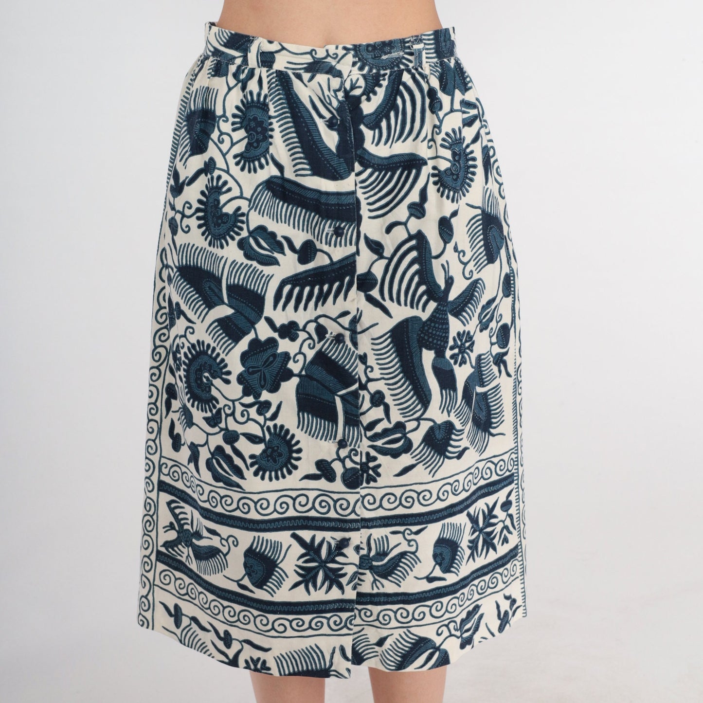 70s Campus Casuals Midi Skirt White Blue Floral Print High Waist Pockets Small