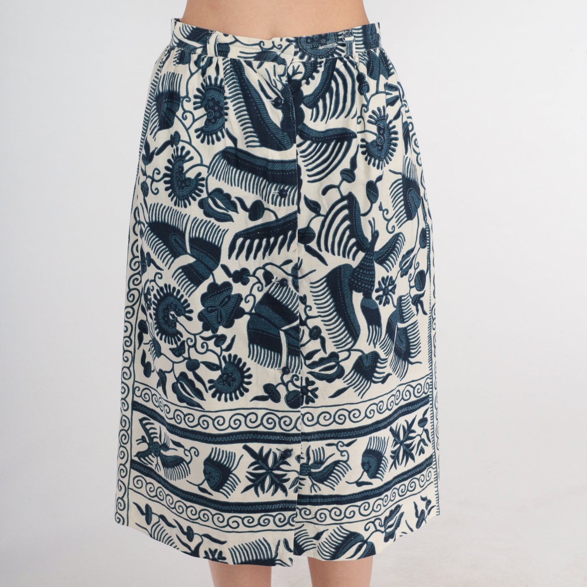 70s Campus Casuals Midi Skirt White Blue Floral Print High Waist Pockets Small