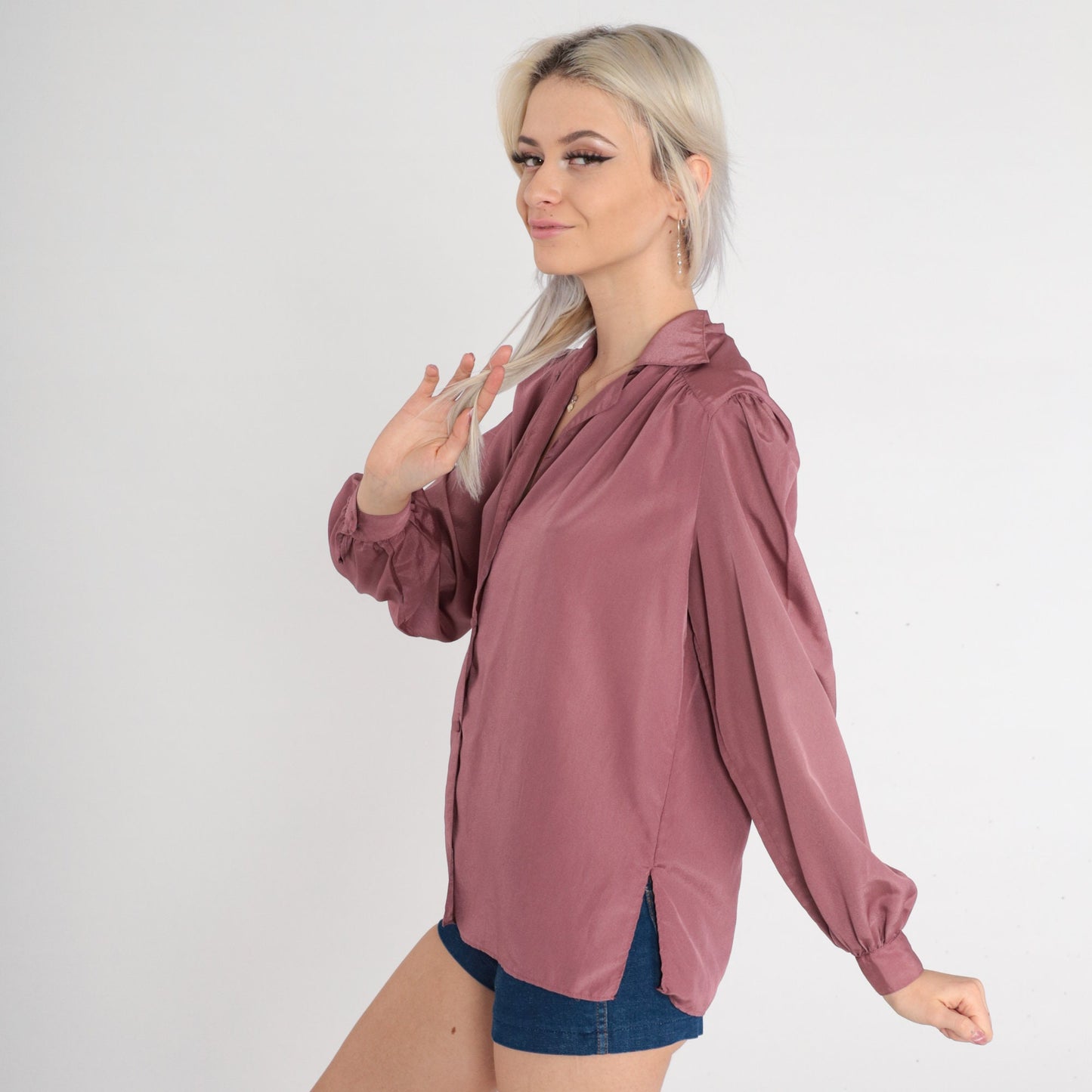 80s Dusty Purple Button-Up Blouse Puff Sleeve Pleated Collared Medium M