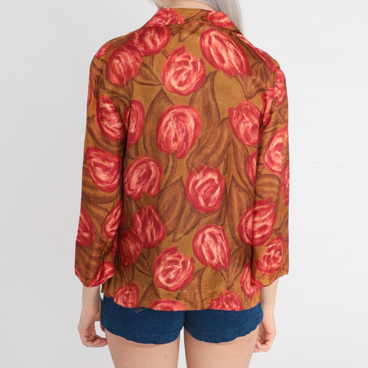 70s Tulip Print Silk Blouse Brown Button Up Floral Shirt 3/4 Sleeve Medium