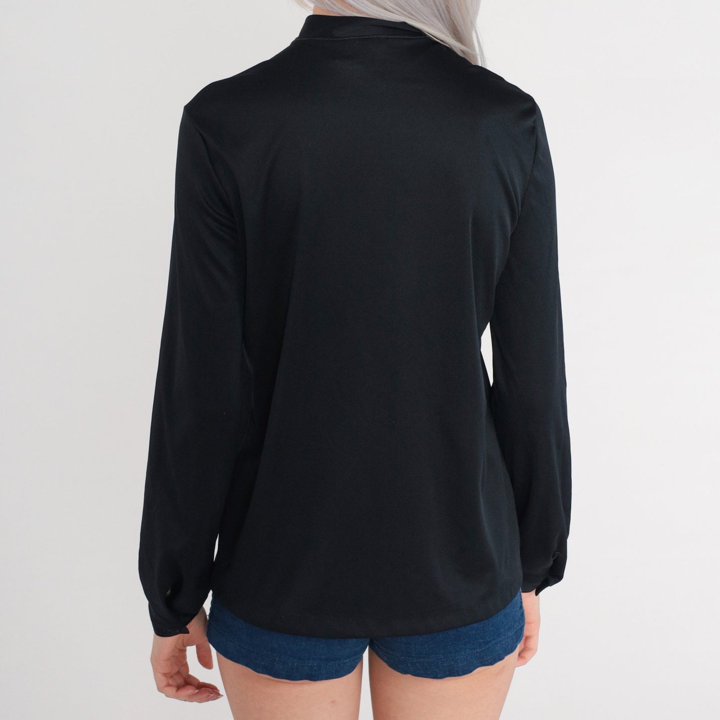 70s Black Ascot Blouse Button-Up Pleated Long Sleeve Neck Bow Small