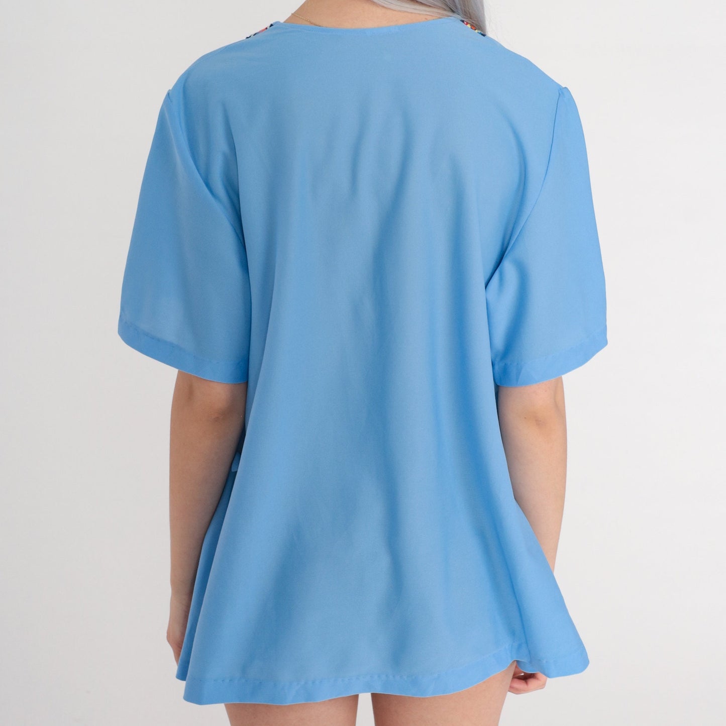 70s Blue Embroidered Blouse Square Neck Belted Short Sleeve Extra Large XL