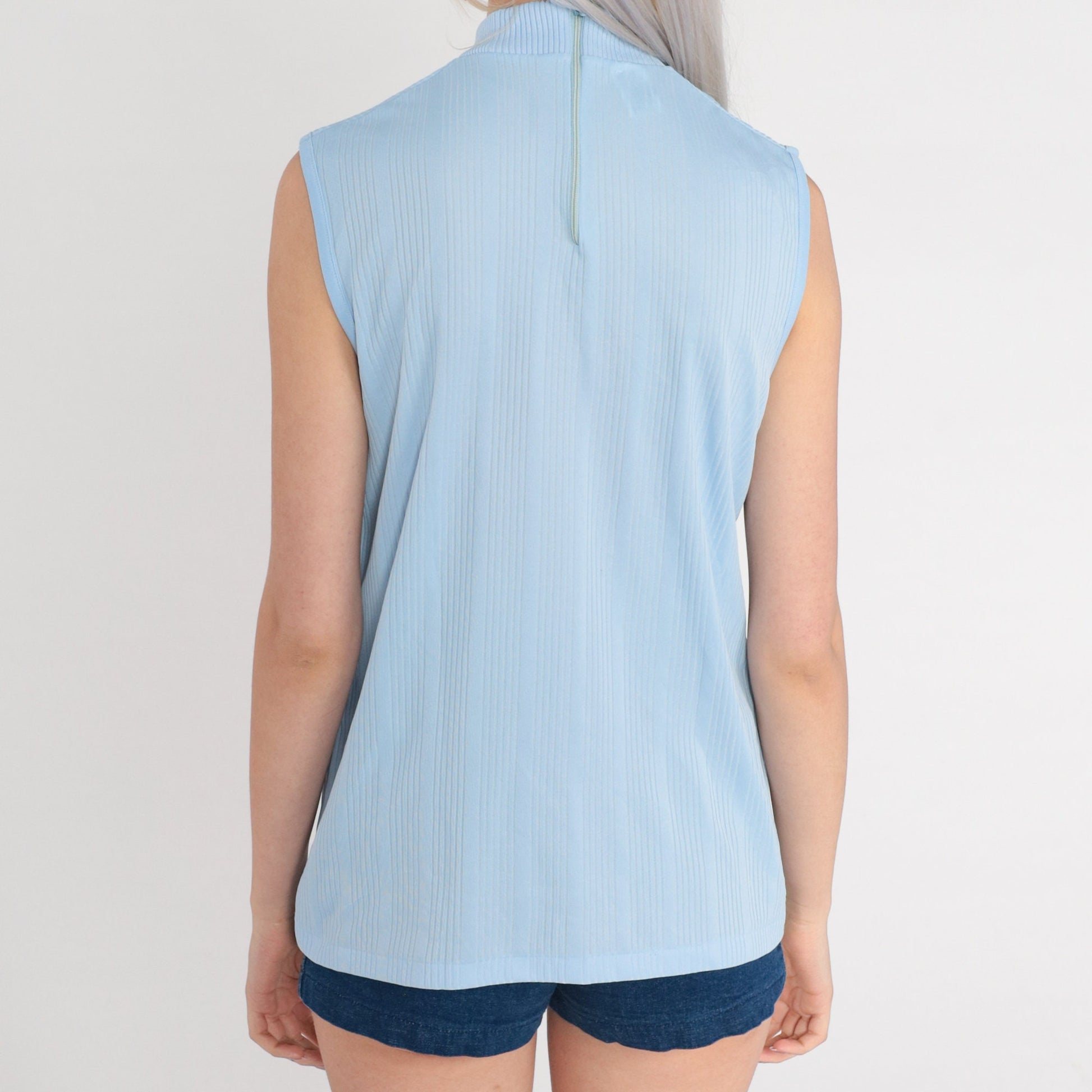 70s Powder Blue Mock Neck Tank Top Ribbed Sleeveless Shirt Medium Large
