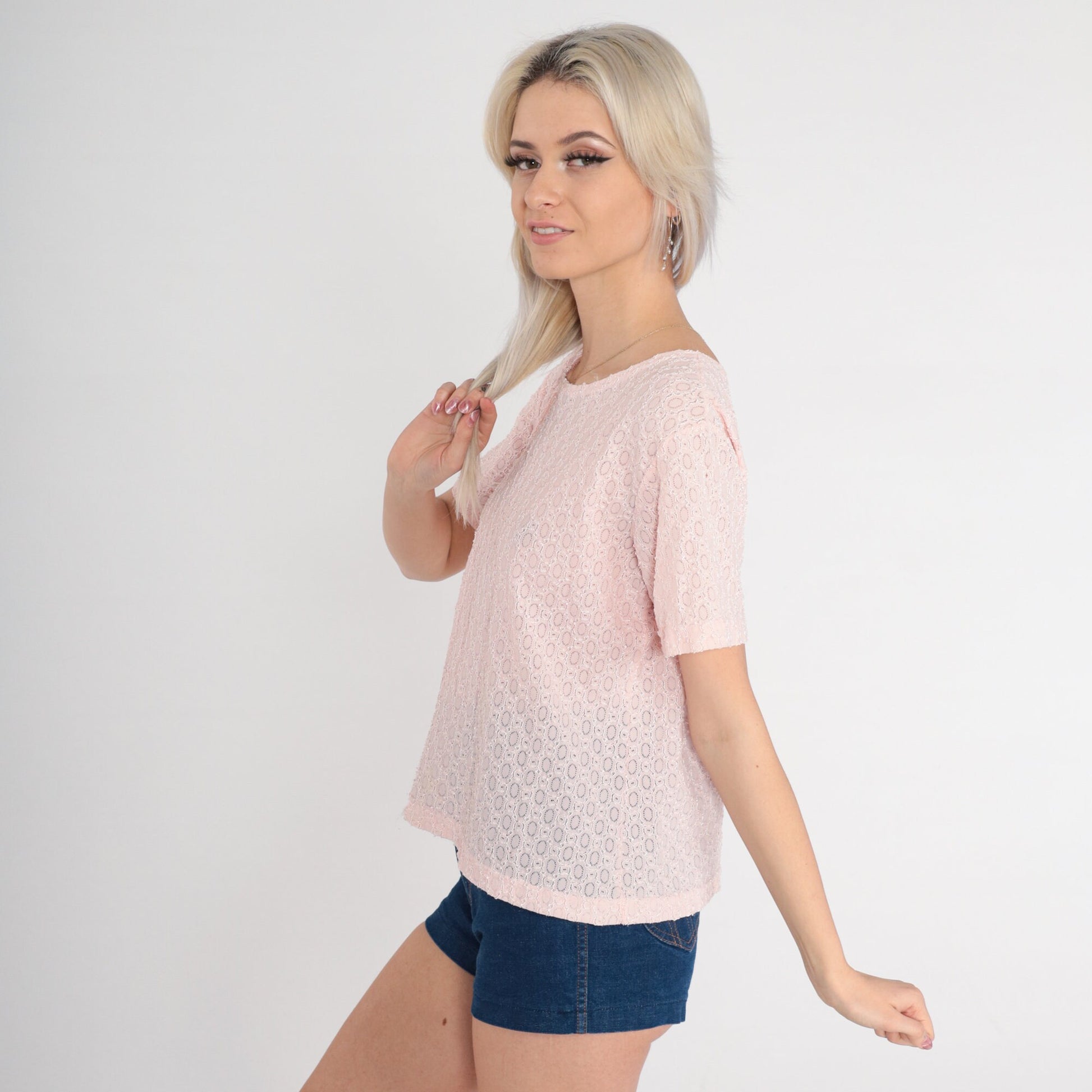 80s Baby Pink Sheer Lace Cutout Blouse Short Sleeve Large L