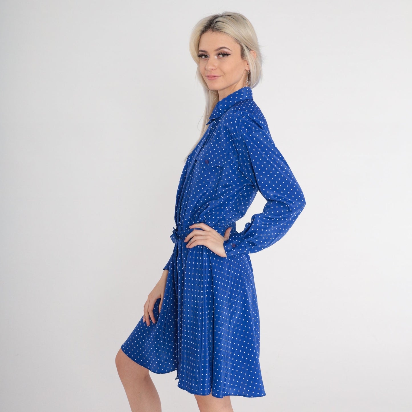 1970s Blue Polka Dot Mini Dress Button-Up High Waist Belt Long Sleeve Medium