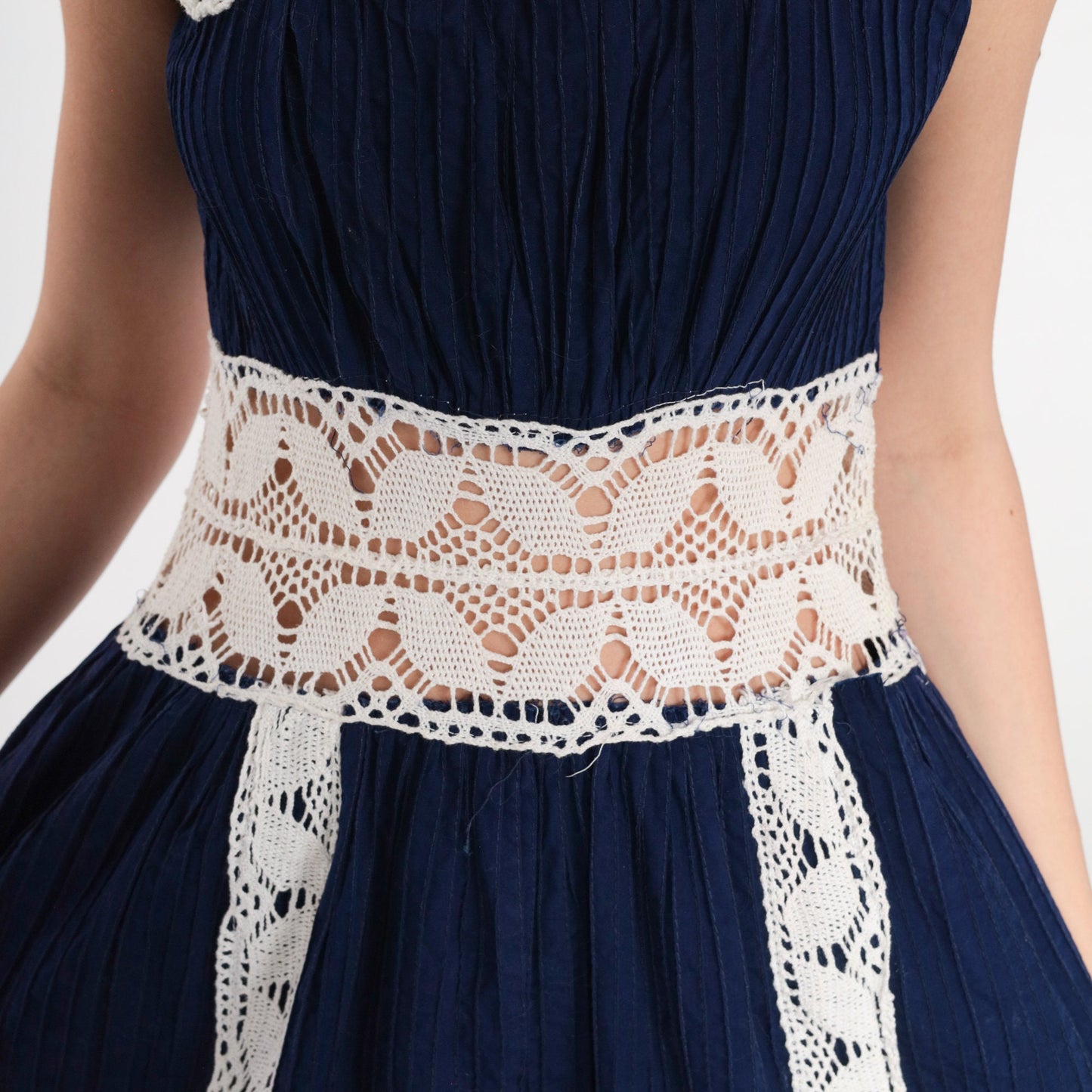 70s Navy Crochet Mini Dress White Open Weave Sleeveless High Waist Small S