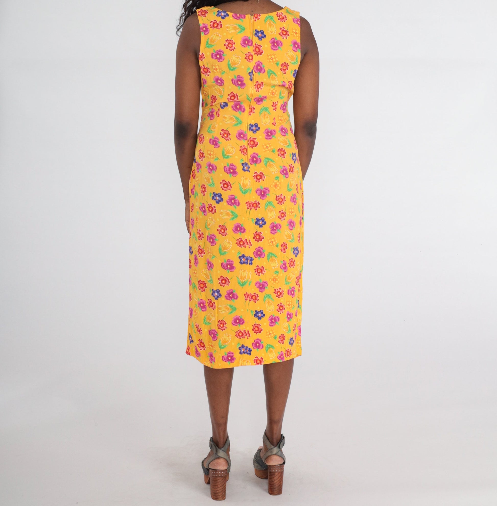 90s Molly Malloy Floral Midi Dress Yellow Print Sleeveless Wrap Slit Medium