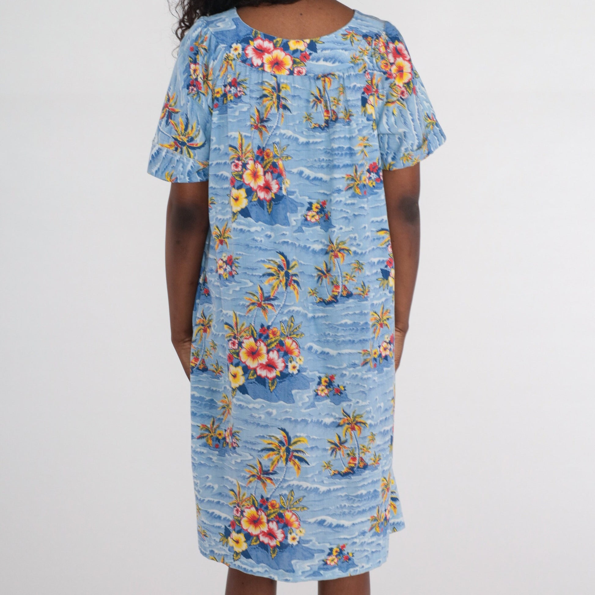 70s Hawaiian Tropical Floral Midi Dress Palm Tree Tent Cut Blue Large