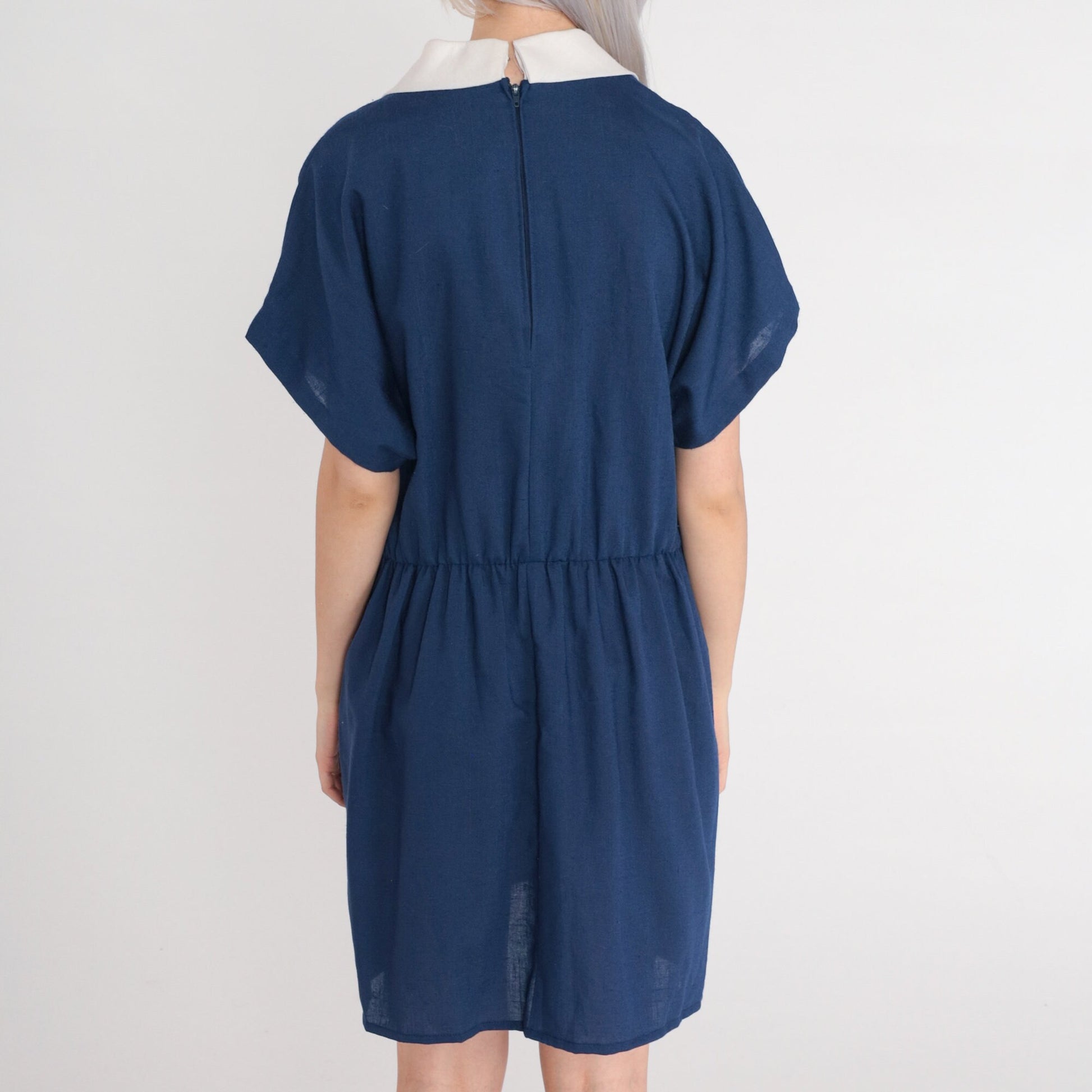 80s Blue Mini Dress White Chelsea Collar High Waisted Pockets Large L