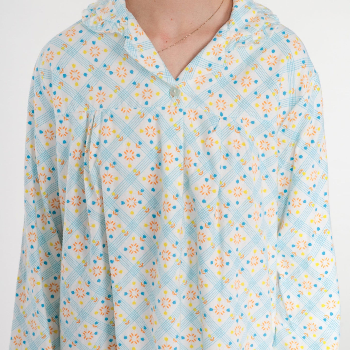 70s Checkered Floral Pajama Dress Cotton Fleece Nightgown Mini White Blue Medium