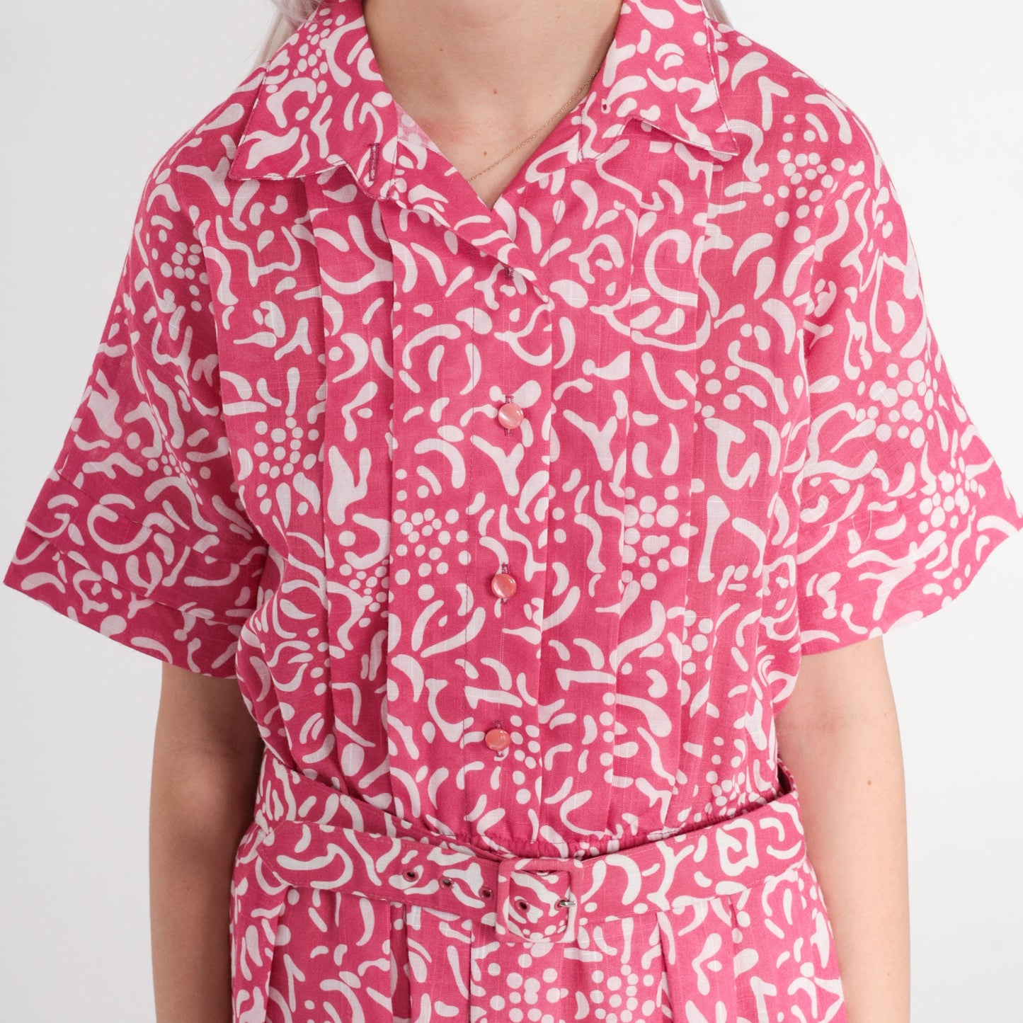 80s Leslie Fay Pink Floral Midi Shirtwaist Dress High Waisted Belted Medium