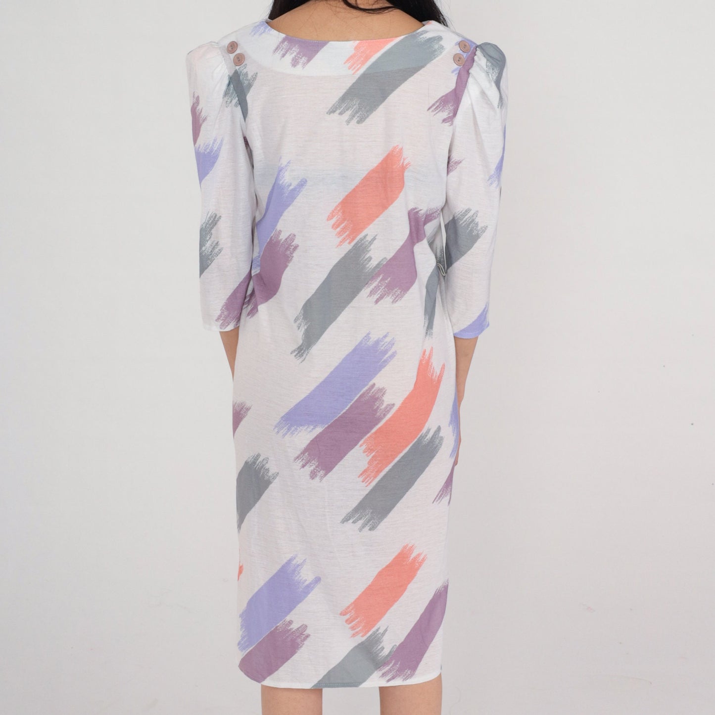 80s Brushstroke Print Shirt Dress Puff Sleeve Button-Up Knee-Length White Small S