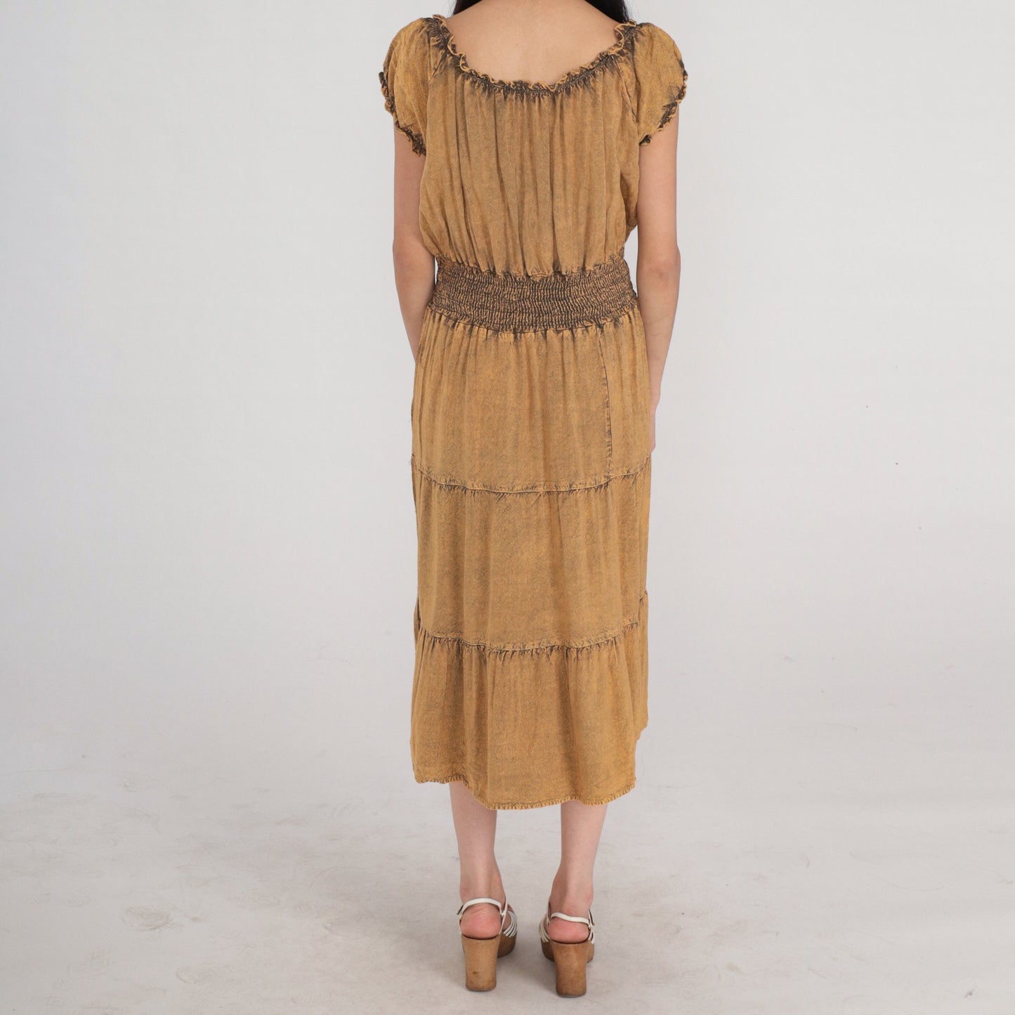90s Indian Embroidered Floral Midi Dress Brown Cap Sleeve Medium Large
