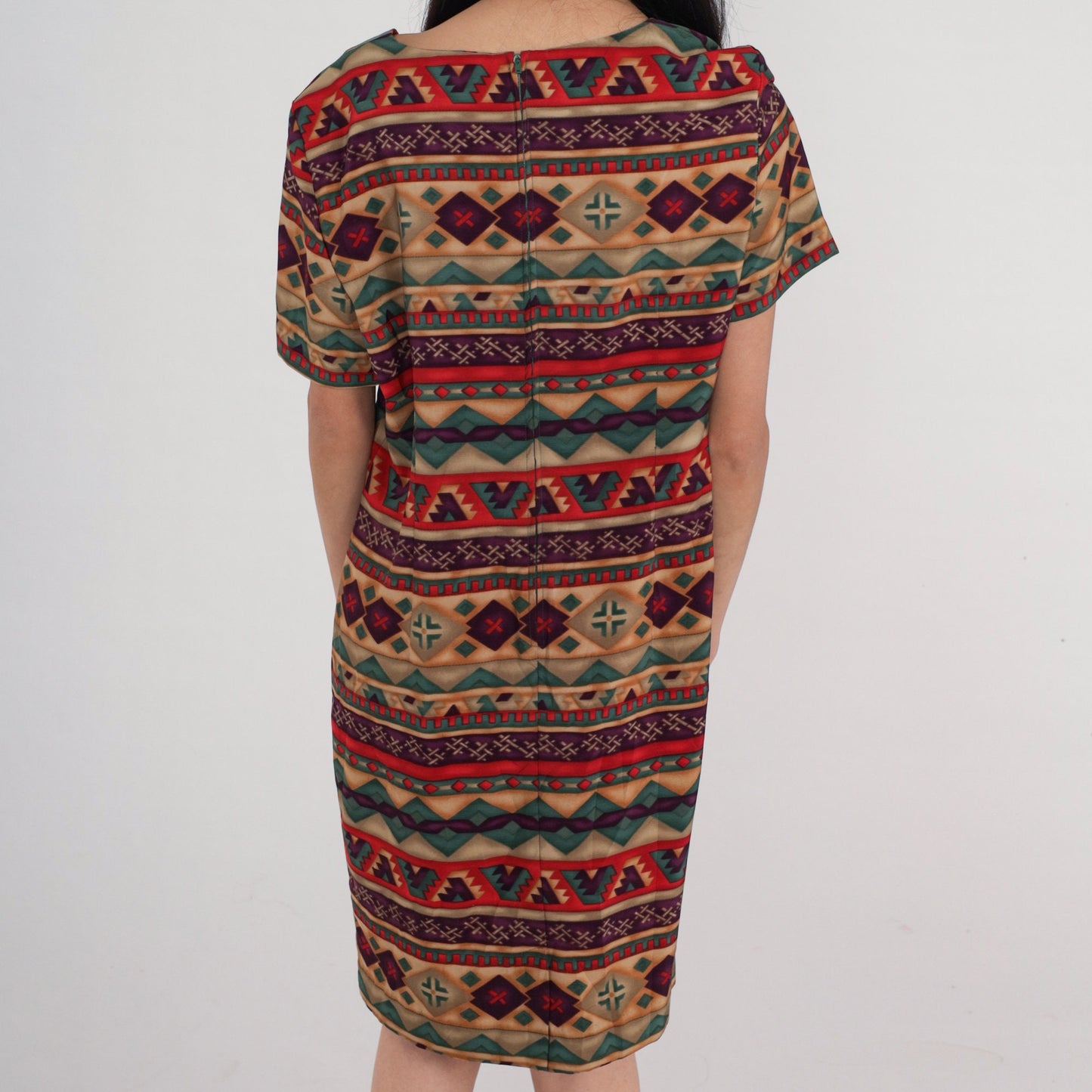 Y2K Geometric Striped Mini Dress Short Sleeve Shift Brown Red Green Large 12
