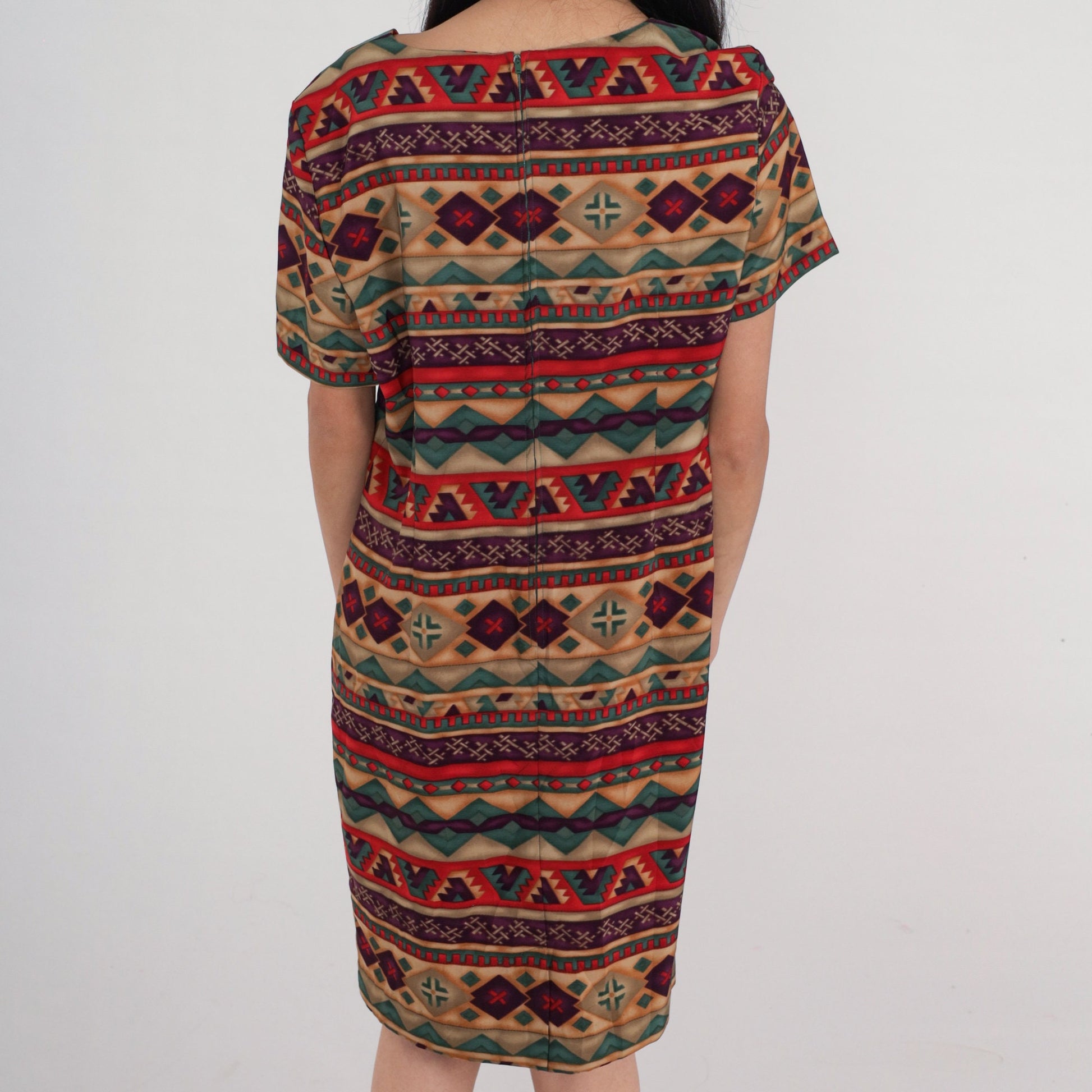 Y2K Geometric Striped Mini Dress Short Sleeve Shift Brown Red Green Large 12