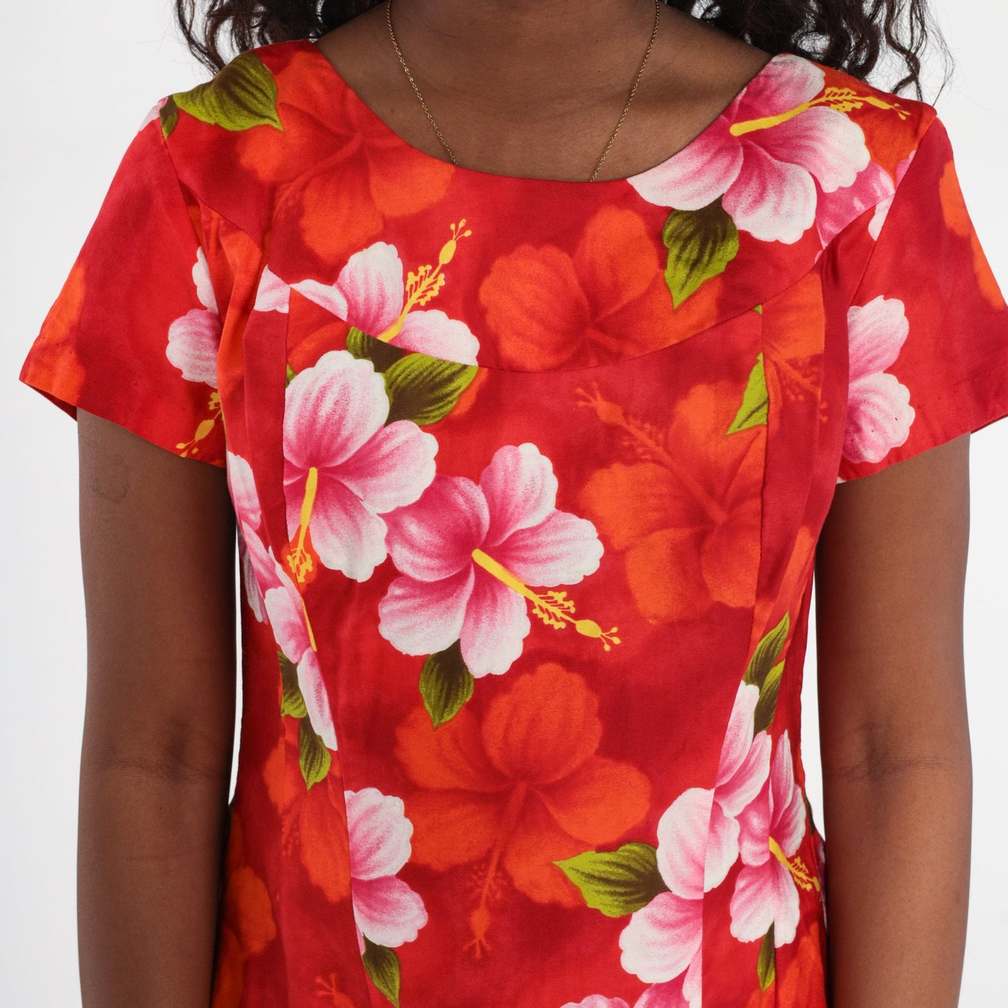 70s Ui-Maikai Hawaiian Floral Shift Dress Mini Red Pink Cotton Medium