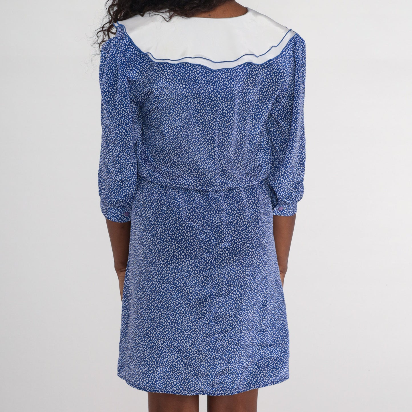 80s Blue Ditsy Print Wrap Dress Puff Sleeve High Waisted Mini Medium