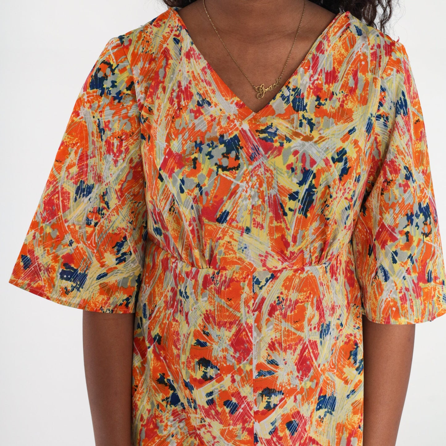 70s Psychedelic Mini Dress Empire Waist Bell Sleeve V Neck Medium Large