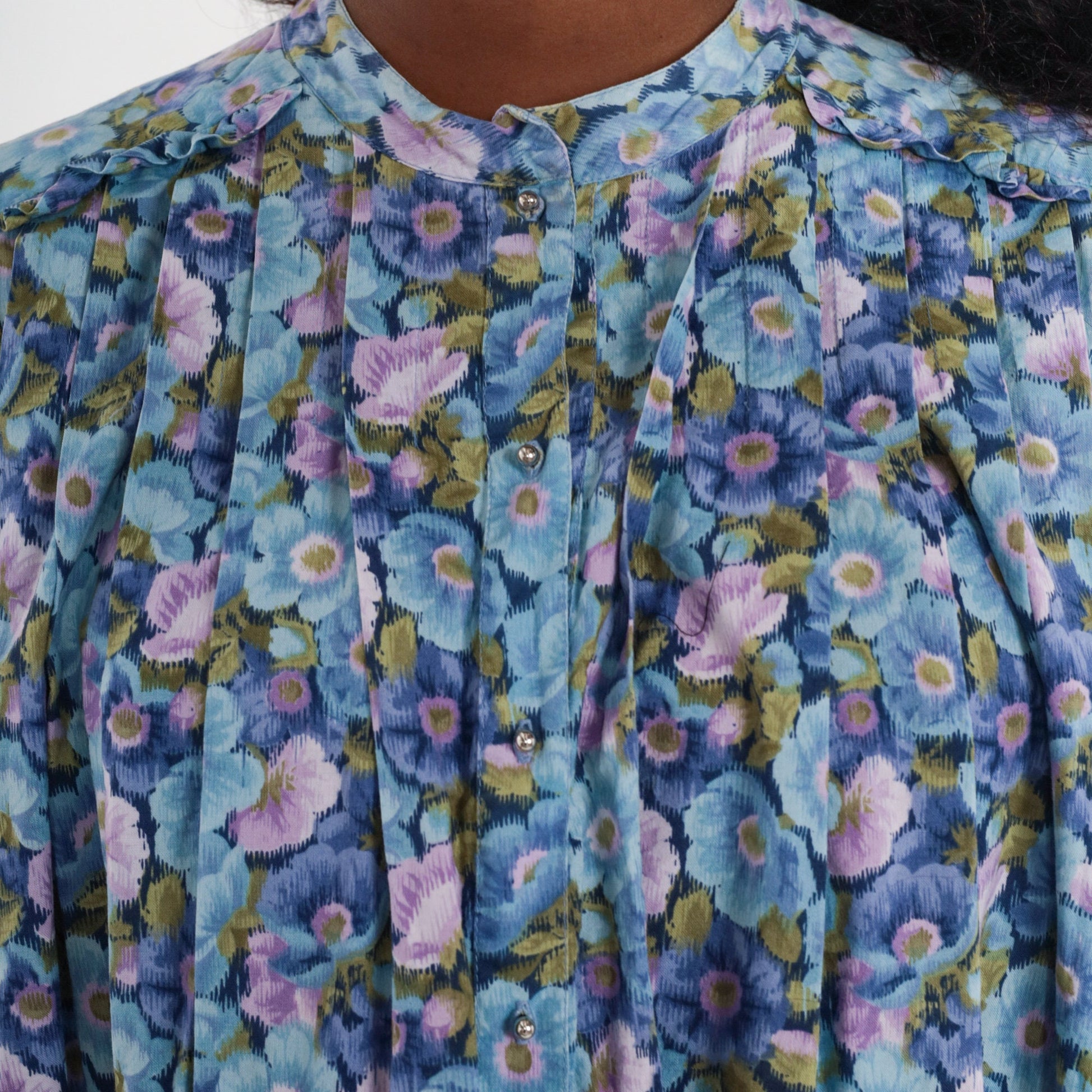 80s Floral Tent Dress Blue Purple Button Up 3/4 Sleeve Mini Small