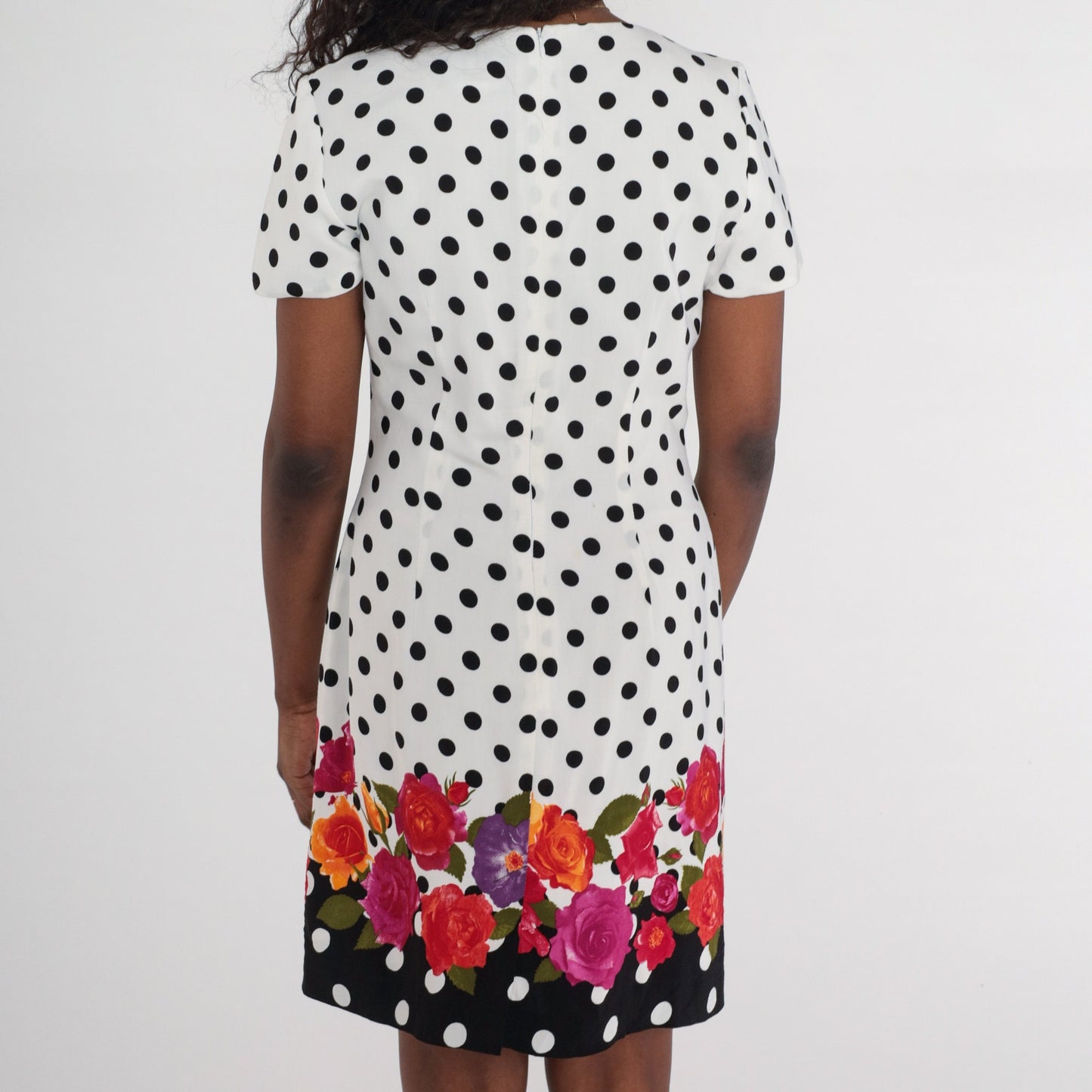 00s Polka Dot Floral Sheath Mini Dress Black White Short Sleeve Medium 8