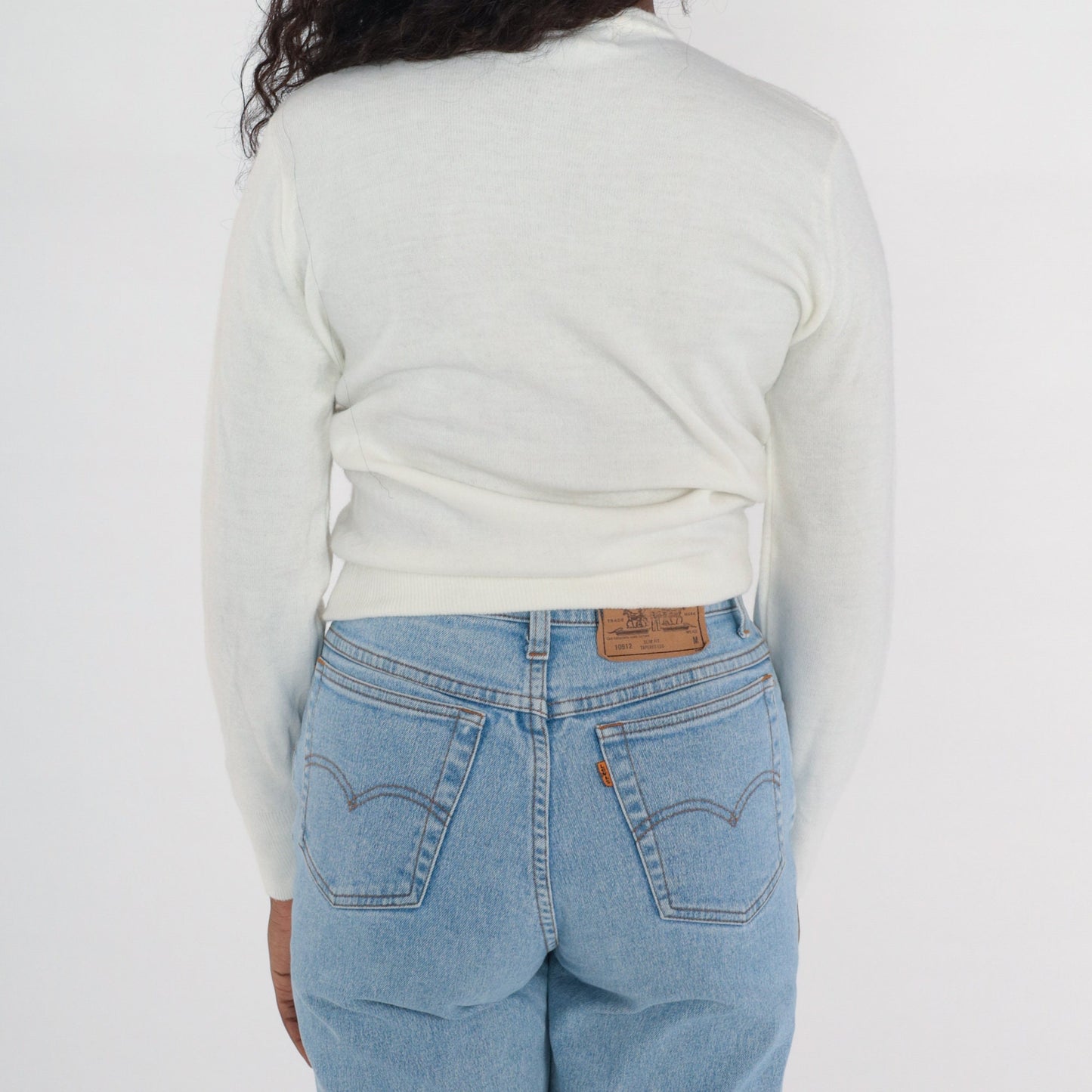 1960s Beaded Cardigan White Button-Up Knit Sweater Small