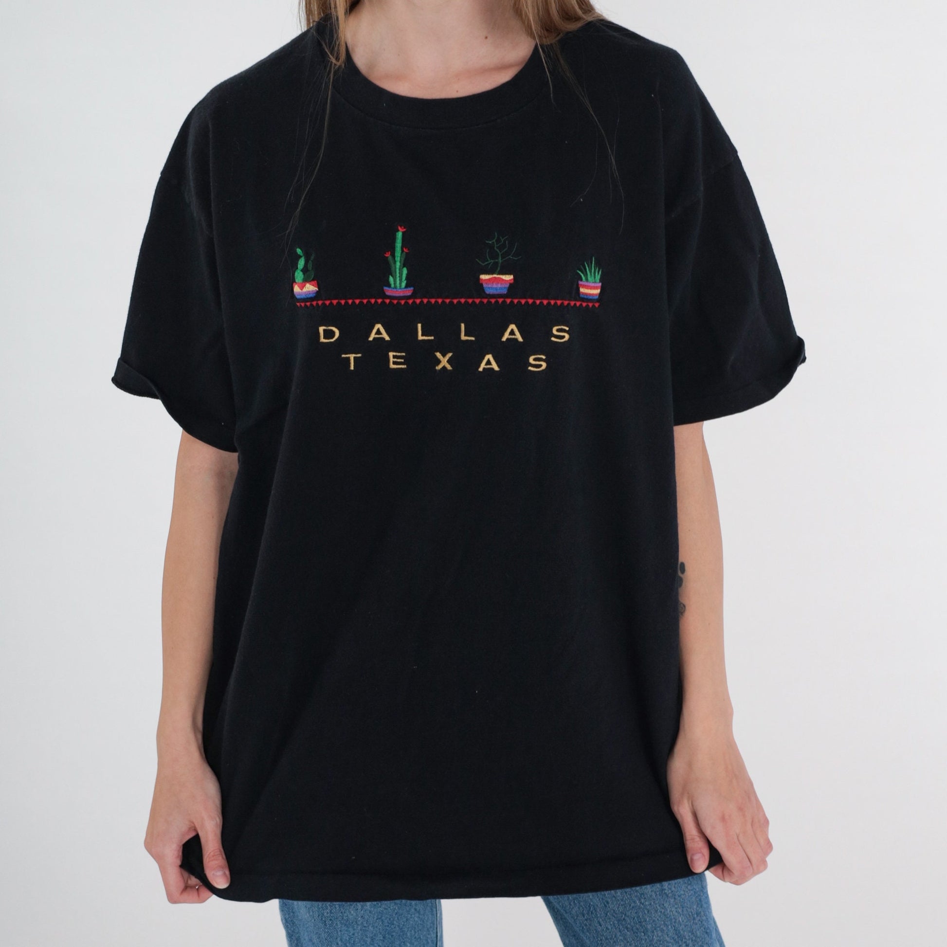 90s Dallas Texas Embroidered Potted Plants T-Shirt Black Cotton Extra Large XL