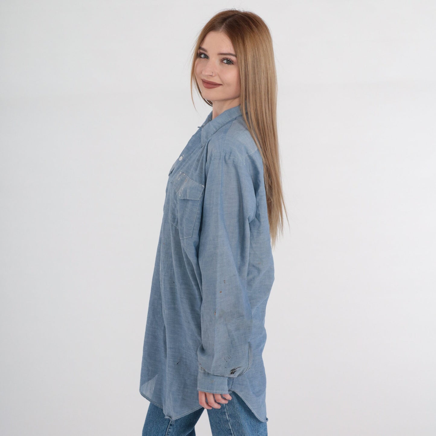 80s Key Imperial Chambray Button-Up Shirt Blue Paint Splatter Distressed XL