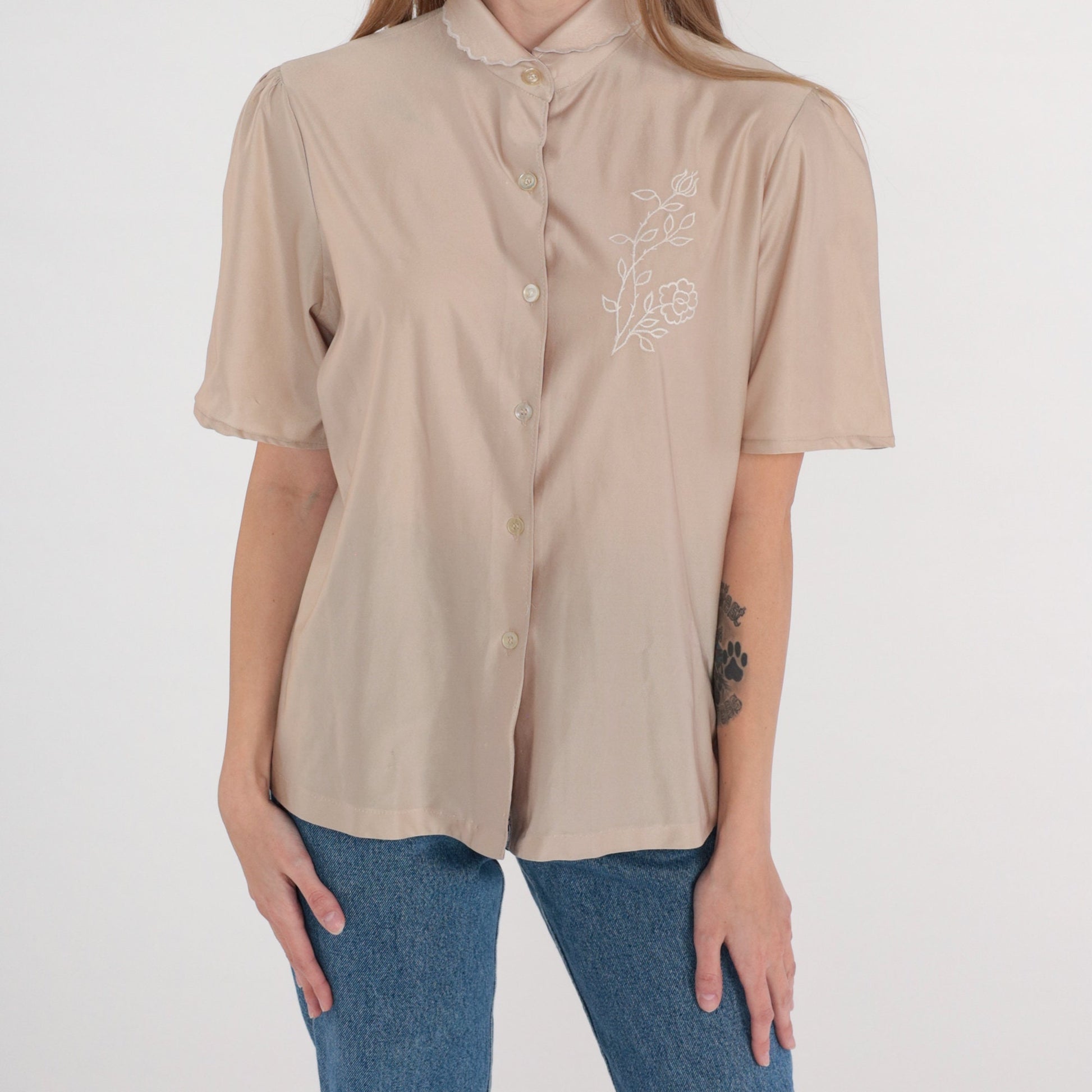 70s Taupe Puff Sleeve Blouse Peter Pan Collar Embroidered Floral Button Up Medium